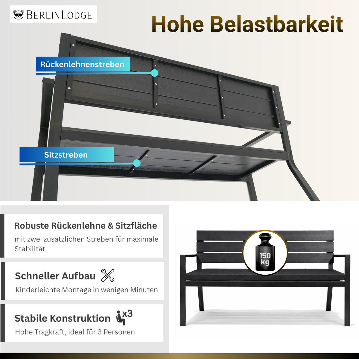GARTENBANK MALLORCA mit Sitzkissen in Holzoptik 3-Sitzer 77x128x44cm Schwarz - Schwarz, Kunststoff/Metall (128/77/44cm) - BERLINLODGE