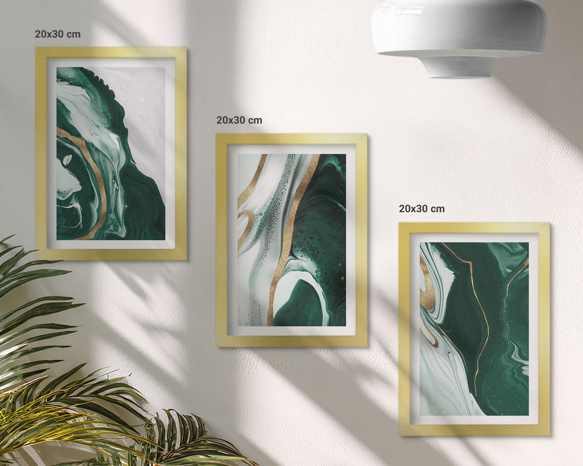 WANDBILDER 3er Set - 20x30 cm Goldrahmen - Abstrakte grüne Farbmuster - Goldfarben, Kunststoff (20/30cm) - ArtPrintCave