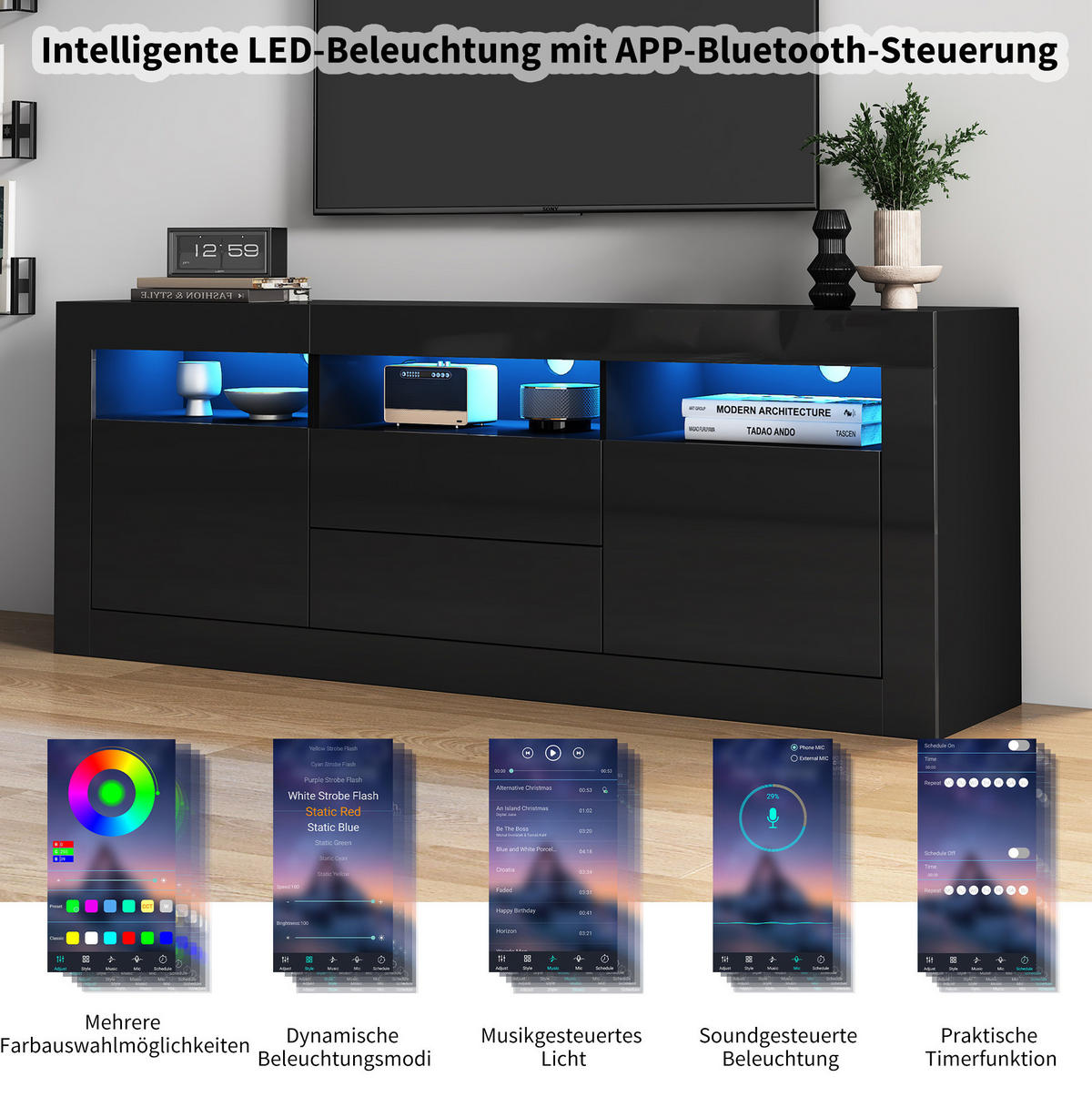 LOWBOARD 160/35/60 cm aus Spanplatte mit LED-Beleuchtung Schwarz - Schwarz, Holzwerkstoff (160/60/35cm) - Modenvie