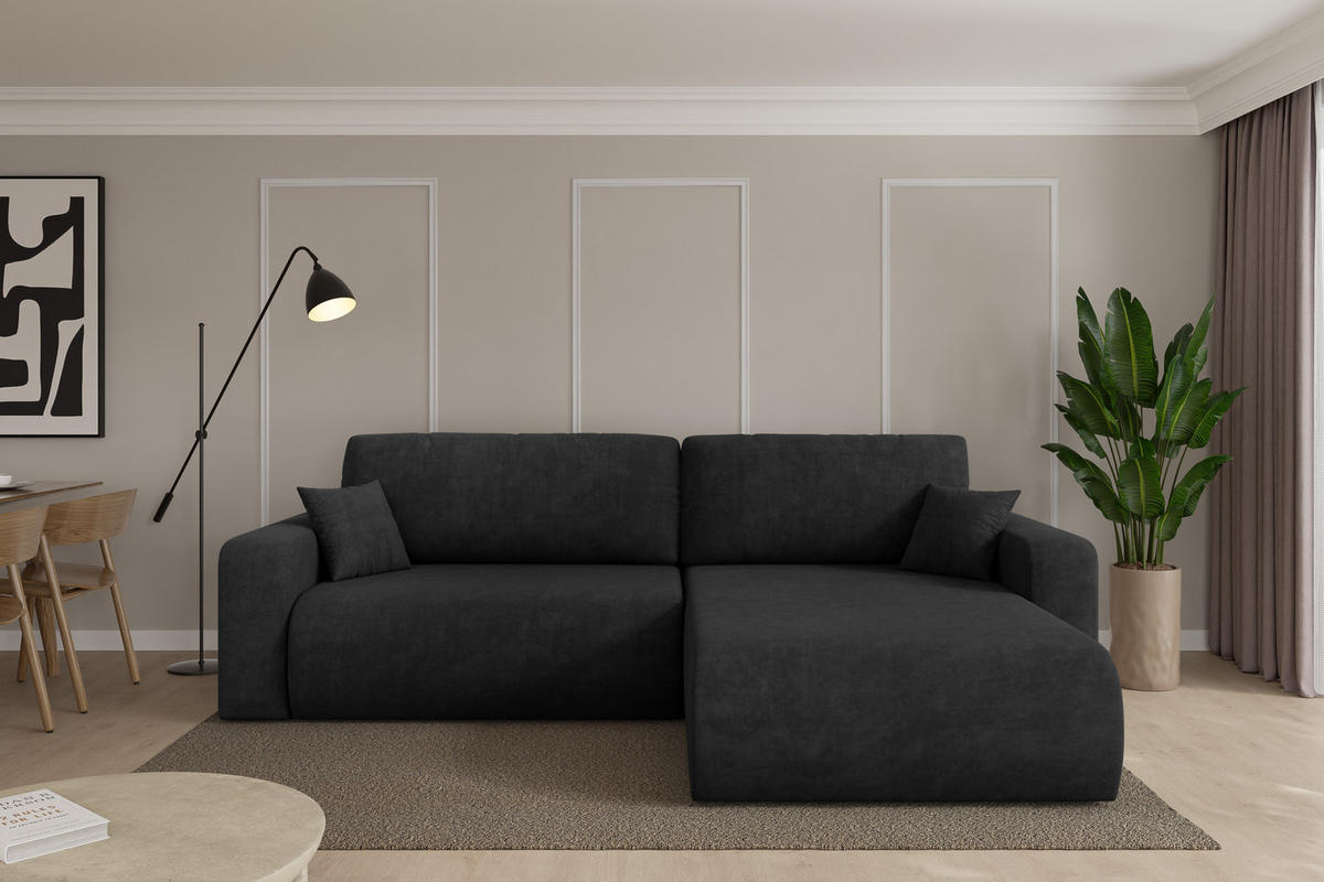 ROHOVÁ SEDAČKA s funkcí spaní, otoman vpravo BERY-L 276x193x88 černá velur - černá, kompozitní dřevo/textil (276/193cm) - ALTDECOR