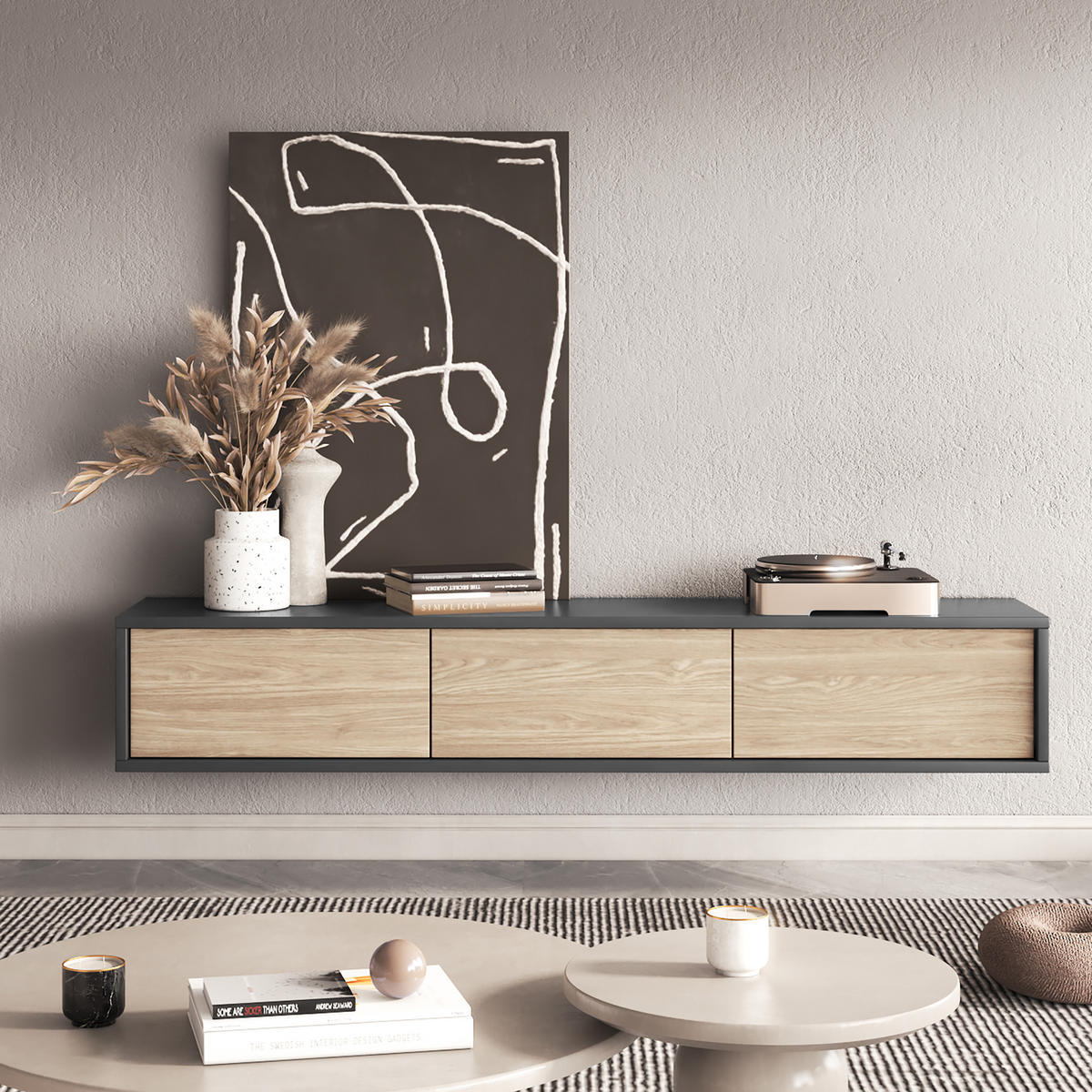 LOWBOARD LIVIA 180x36x32 cm mit 3 Türen Anthrazit - Eichefarben/Anthrazit, Holzwerkstoff (180/32/36cm) - MASSENO