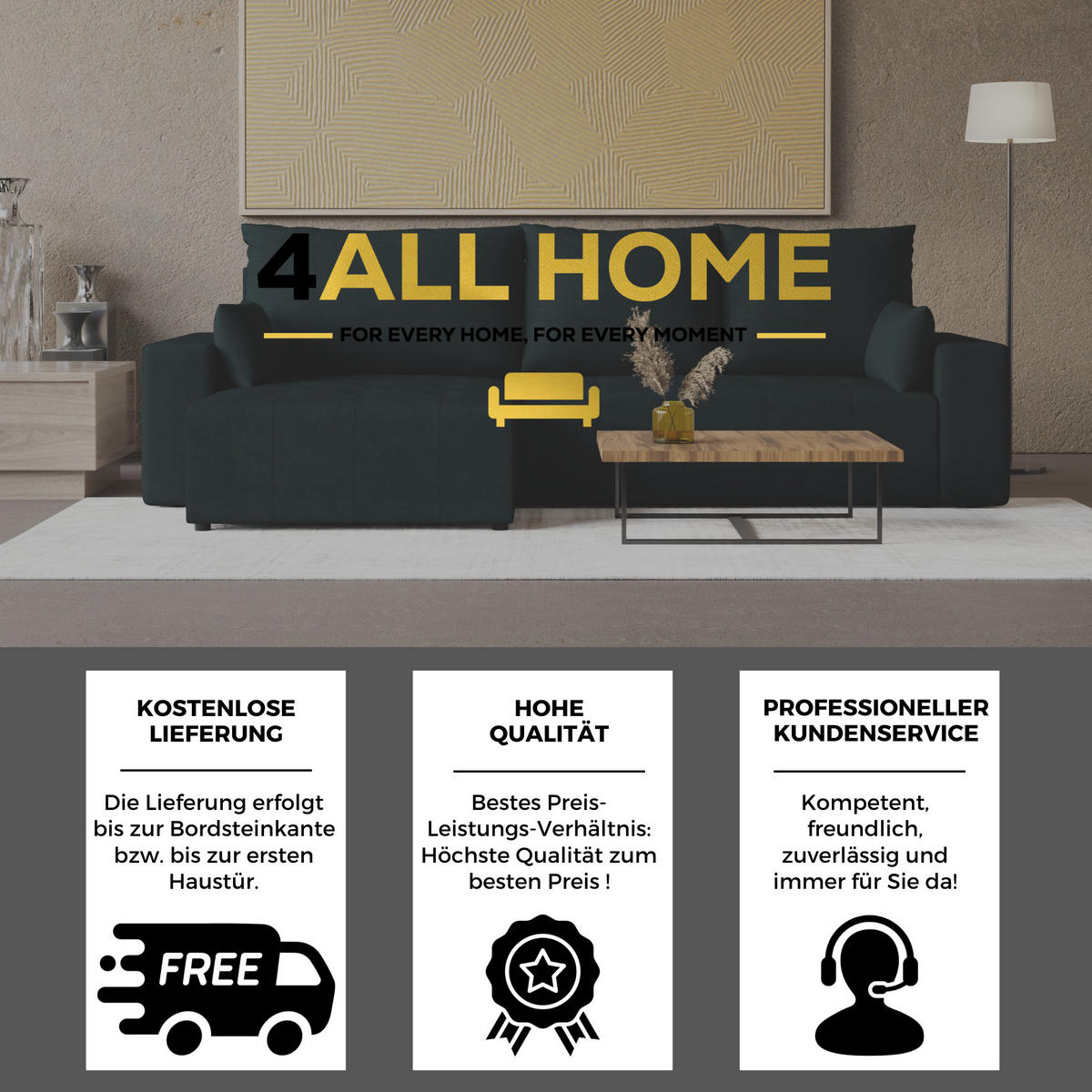 ECKSOFA Tico mit Bettkasten und Schlaffunktion, L-Form/XL-Form, Velourstoff, Universal - Anthrazit, Holzwerkstoff (276/145cm) - 4ALL HOME