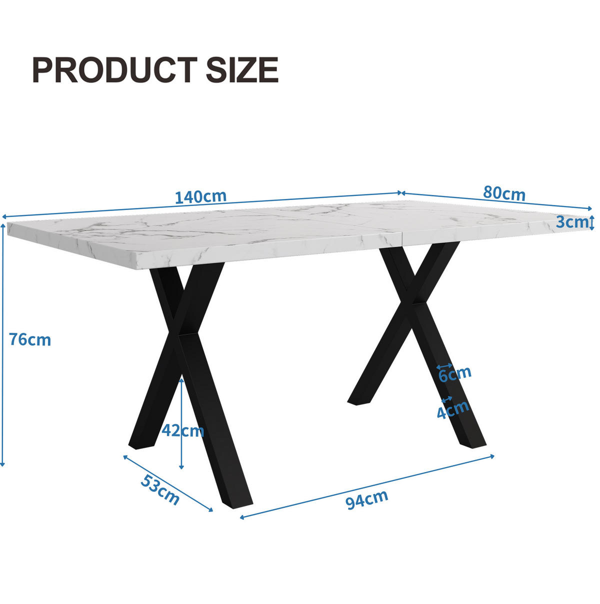 JEDILNA miza 140/80/76 cm z navzkrižnim podnožjem, MDF plošča, večnamenska, Beli marmor - bela, leseni material (140/80/76cm) - Redom