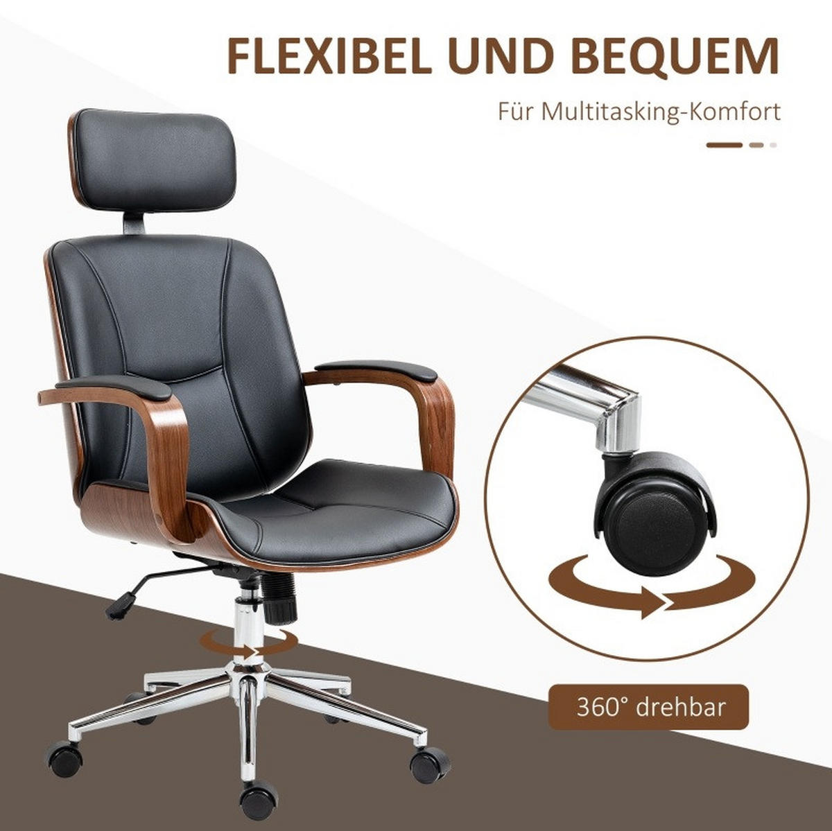 BÜROSTUHL ergonomisch höhenverstellbar 66 x 65 x 115-125 cm Kunstleder Schwarz - Schwarz, Kunststoff (65/125/66cm) - Meubliv