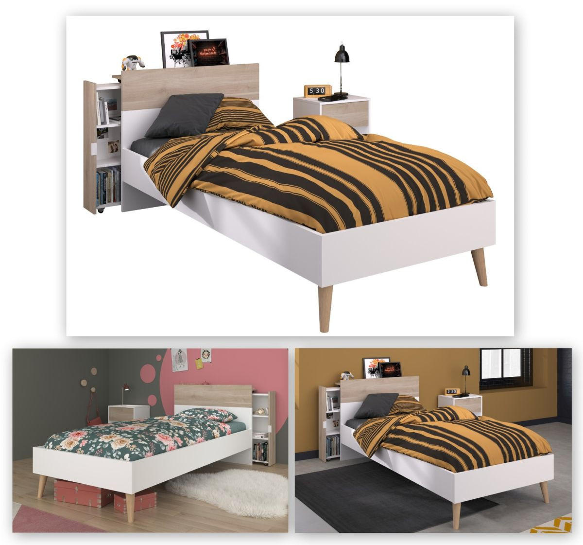 JUGENDZIMMER weiß, Eiche, Komplett-Set 3-teilig mit Stauraum - Eichefarben/Silberfarben, Holzwerkstoff/Kunststoff (95/79/206cm) - Parisot Meuble