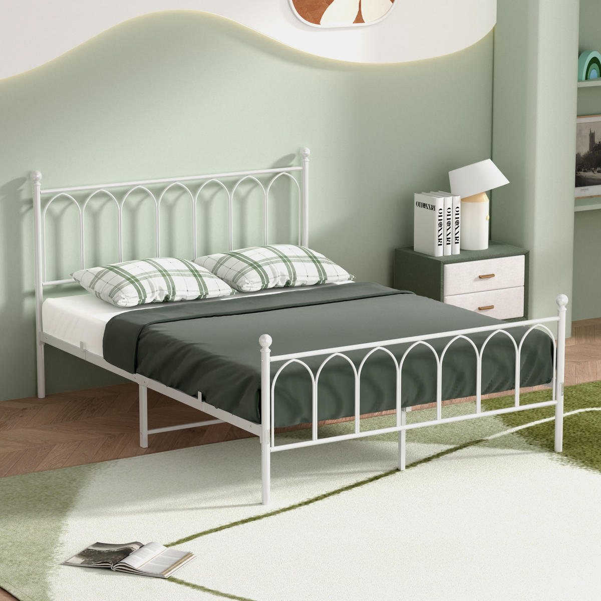METALLBETT 140/200 mit Stauraum unter dem Bett, mit Lattenrost,Weiß - Weiß, Metall (140/200cm) - STILVORA