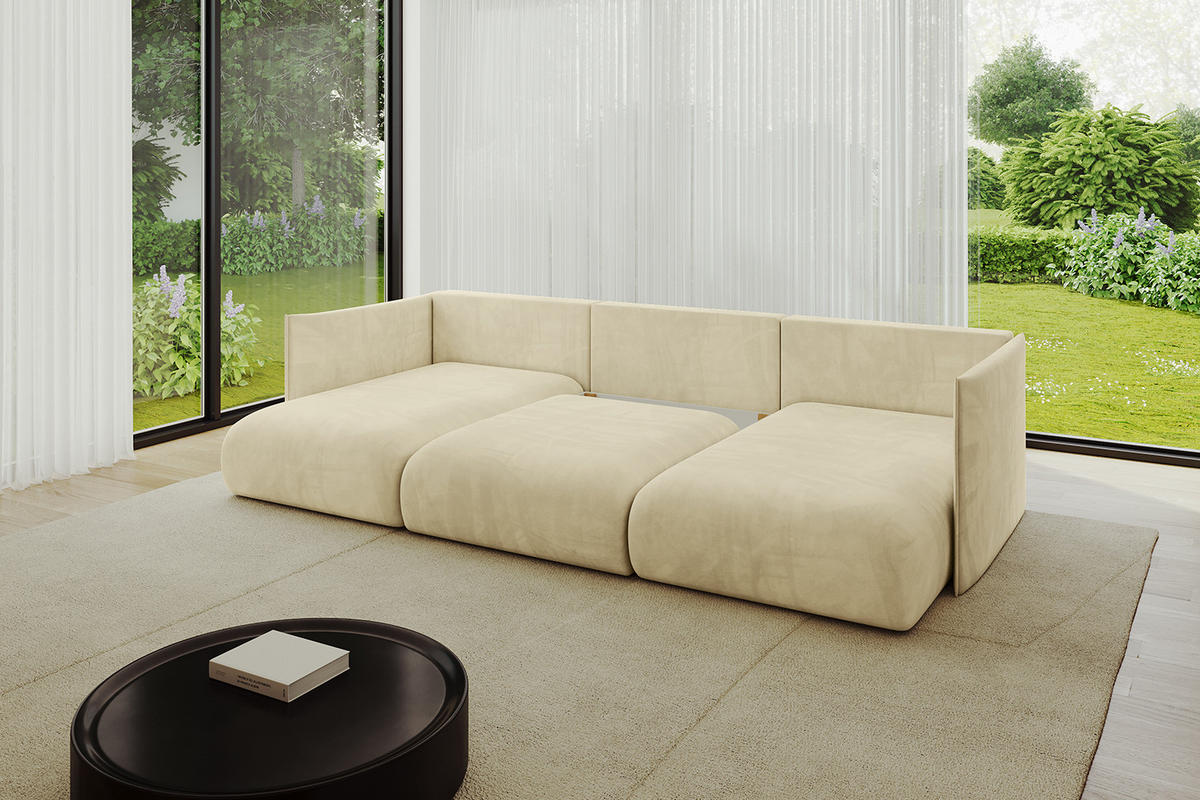 WOHNLANDSCHAFT mit Schlaffunktion und Bettkasten ONESK-U 304x165x40 Beige Velours - Beige, Holzwerkstoff/Kunststoff (304/90/165cm) - ALTDECOR
