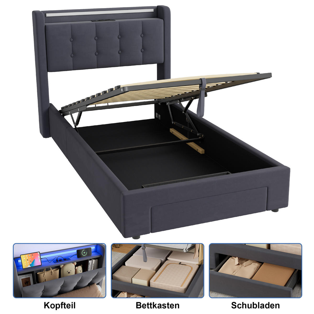POLSTERBETT 90/190 cm, in Grau, Samt, mit Bettkasten, USB, LED, Stauraum und Schubladen, ohne Matratze - Grau, Holzwerkstoff/Textil (90/190cm) - WISHDOR