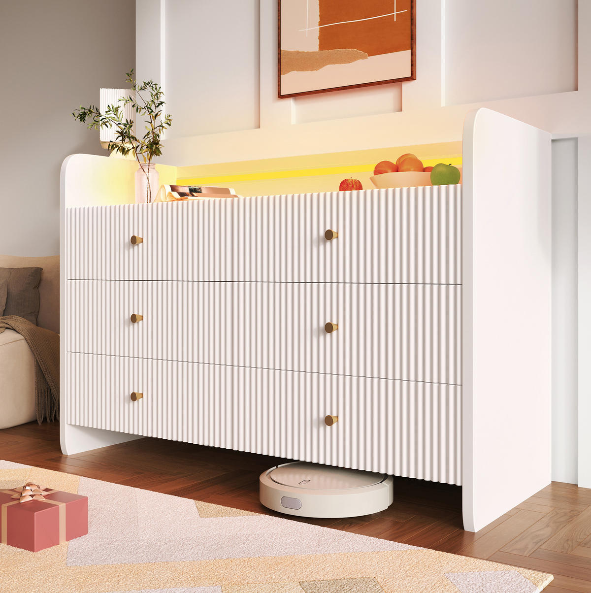 SIDEBOARD mit LED-Beleuchtung 120 x 40 x 75 cm Weiß 6 Schubladen - Weiß, Holzwerkstoff (120/75/40cm) - Meubliv