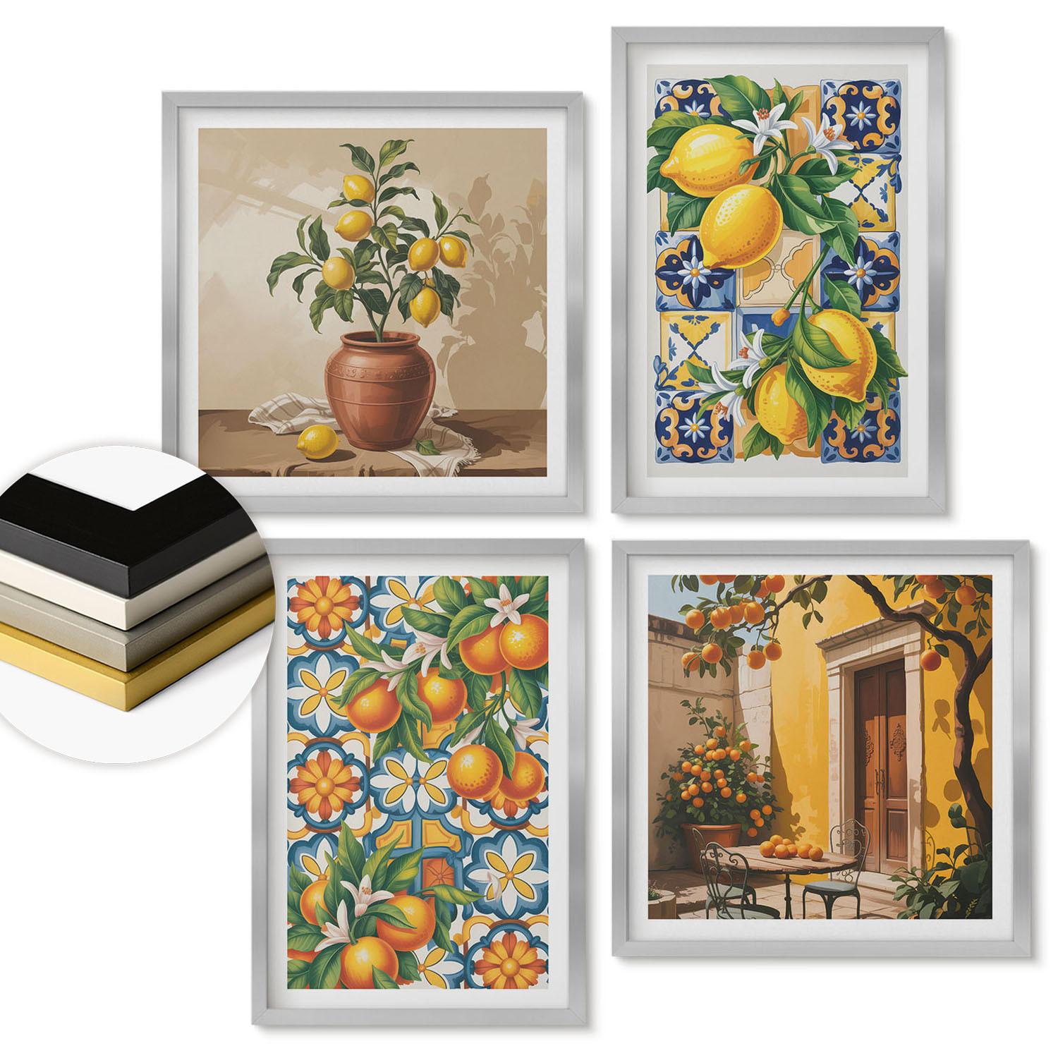 WANDBILDER 4er Set - 50x50 cm & 40x60 cm Silberner Rahmen - Zitronenorange Blütenmuster - Silberfarben, Kunststoff (50/50cm) - ArtPrintCave