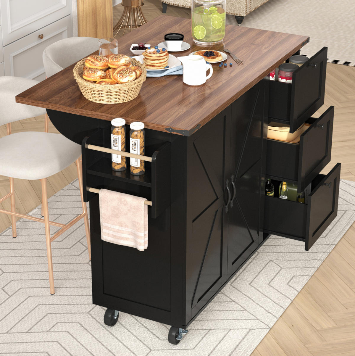 KÜCHENINSEL aus MDF 140x45x92,5 cm Schwarz mit klappbarer Arbeitsplatte, 5 Rollen und 3 Schubladen - Schwarz, Holzwerkstoff (140/92.5/45cm) - Modfu