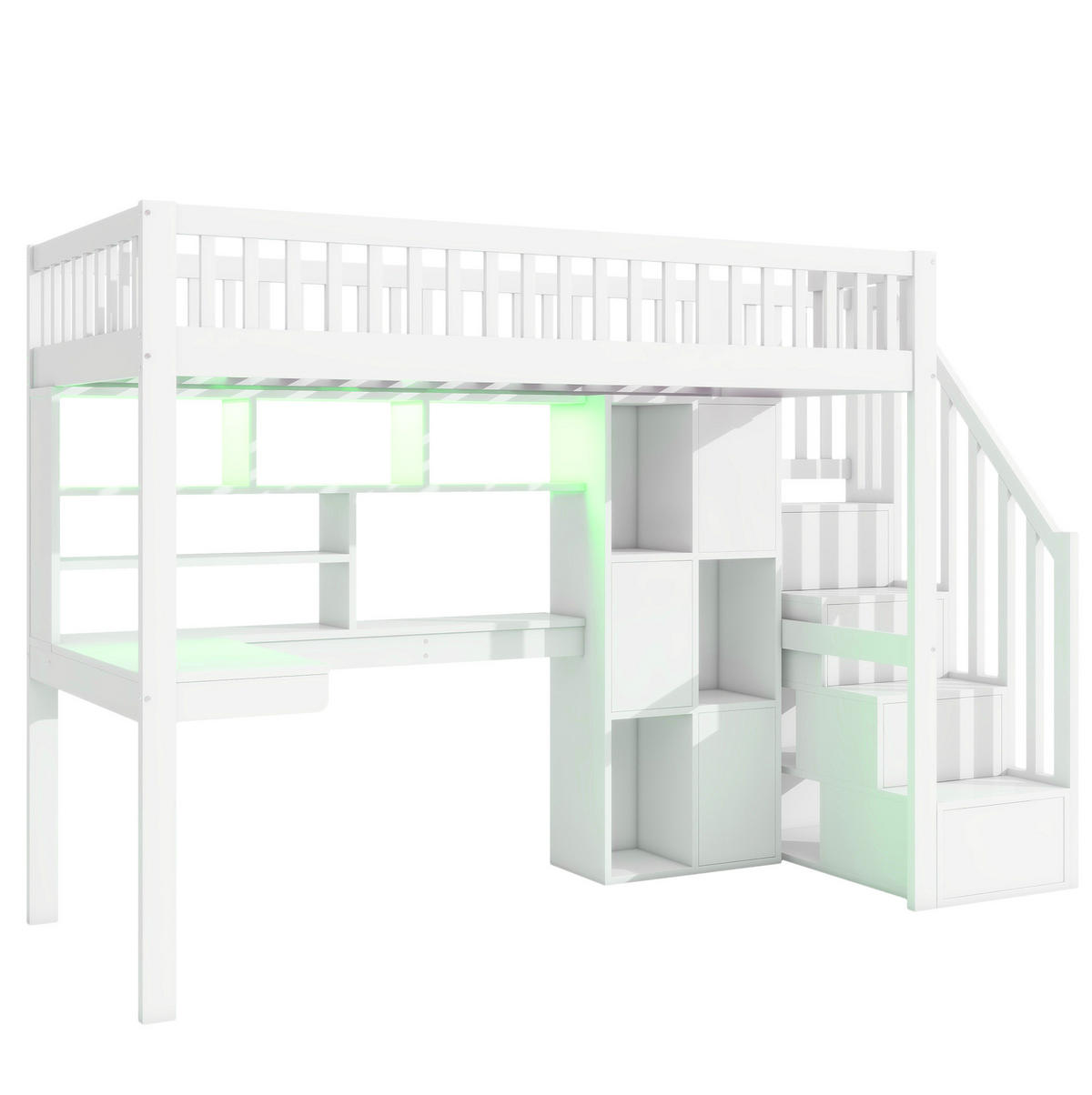 HOCHBETT 90/200 cm mit LED-Beleuchtung, Ablageleiter, Schreibtisch und Regalen, Kiefer/MDF, Weiß - Weiß, Holzwerkstoff (90/200cm) - Redom