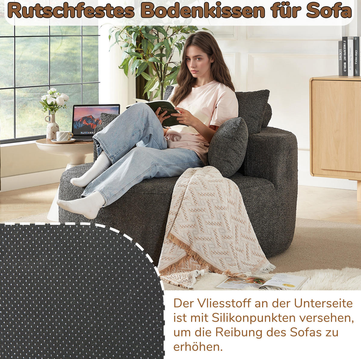 SESSEL ohne Montage mit Rückenlehnenkissen und Zylinderkissen aus Chenille, Grau - Grau, Textil (127/85/127cm) - Redom