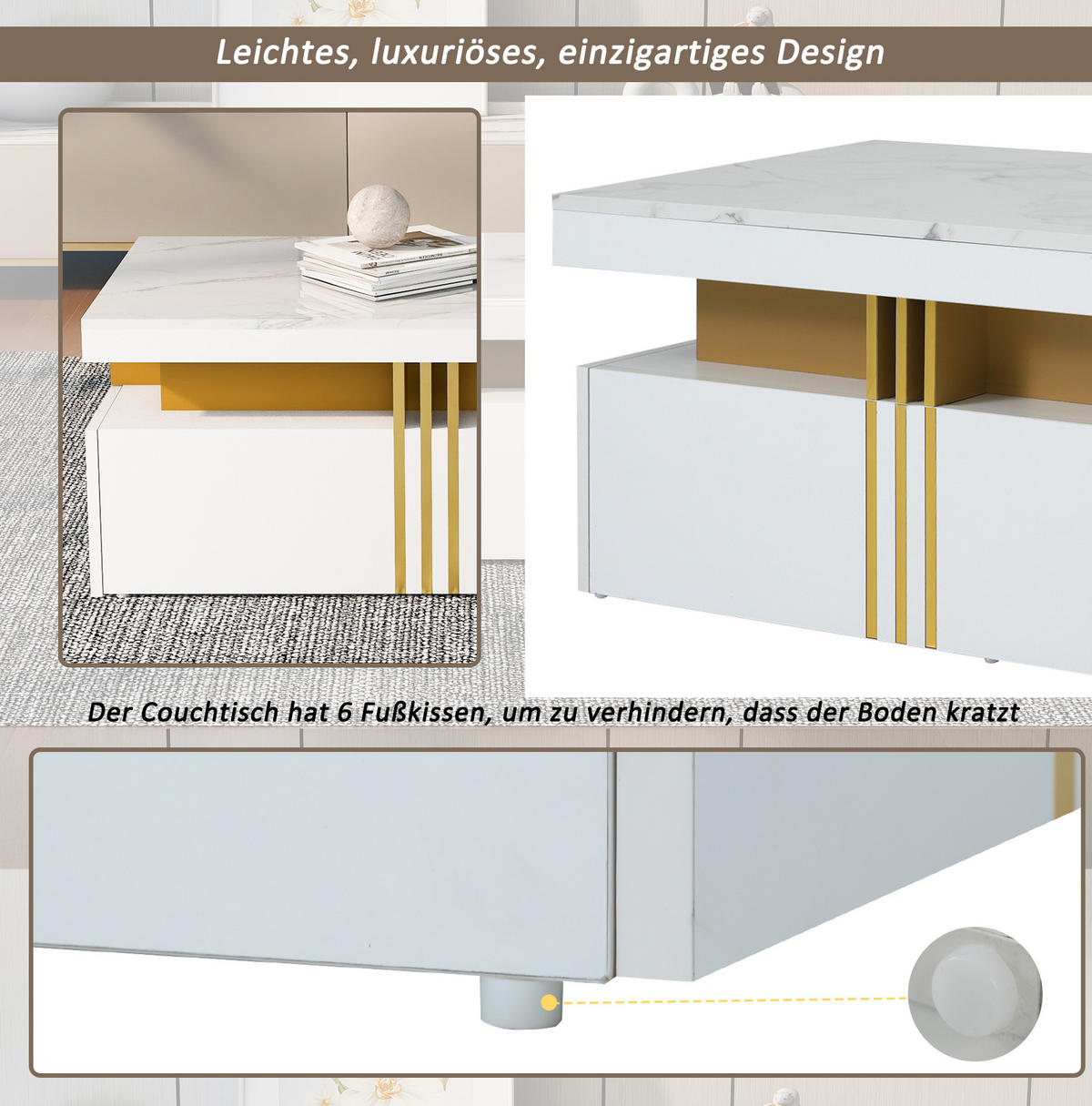 COUCHTISCH aus Spanplatte 100x50x40 cm Weiß mit 2 Schubladen, Hochglanzplatte und marmorierter Tischplatte - Weiß, Holzwerkstoff (100/50/40cm) - Modfu