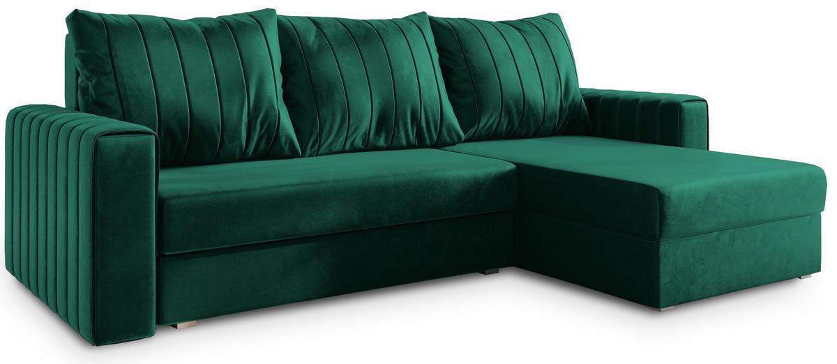 ECKSOFA CARL Grün Plüsch-Stoff mit Schlaffunktion - Grün, Holz (236/150cm) - MASSENO
