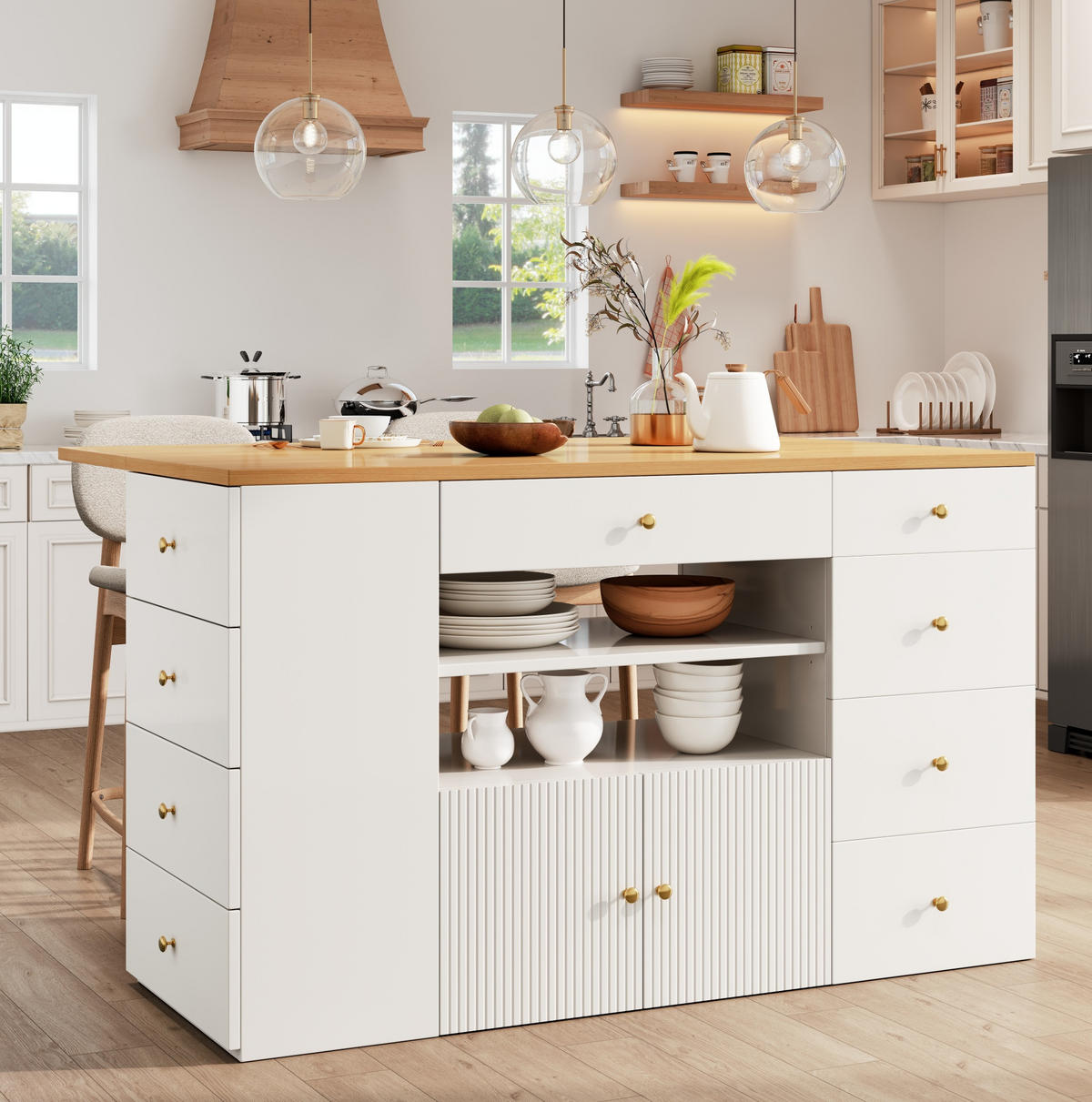 KUCHYNSKÝ ostrovček 140/40(70)/89 cm biely z MDF a kovu so 6 zásuvkami a taburetom - biela, kompozitné drevo (140/89/70cm) - OKWISH