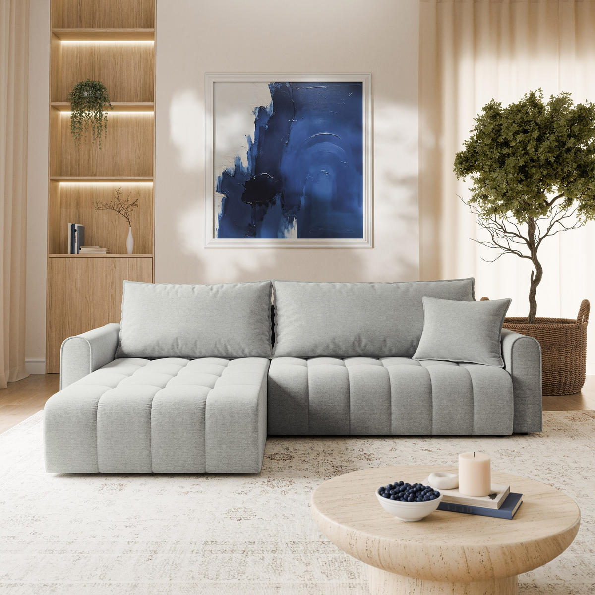 ECKSOFA FRIGA Hellgrau Strukturstoff mit Schlaffunktion - Hellgrau, Holz (283/185cm) - MASSENO