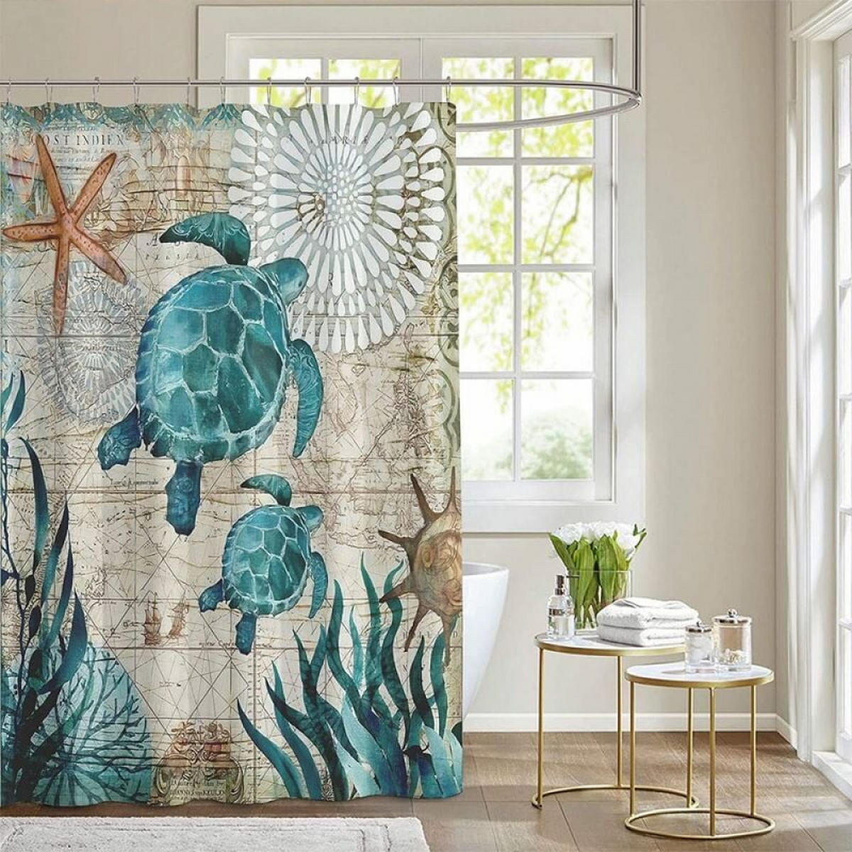 DUSCHVORHANG Schildkröte Meer Polyester schnell trocknend wasserdicht maschinenwaschbar mit Haken Badezimmer - Blau, Textil (1/1cm) - MCBOSON