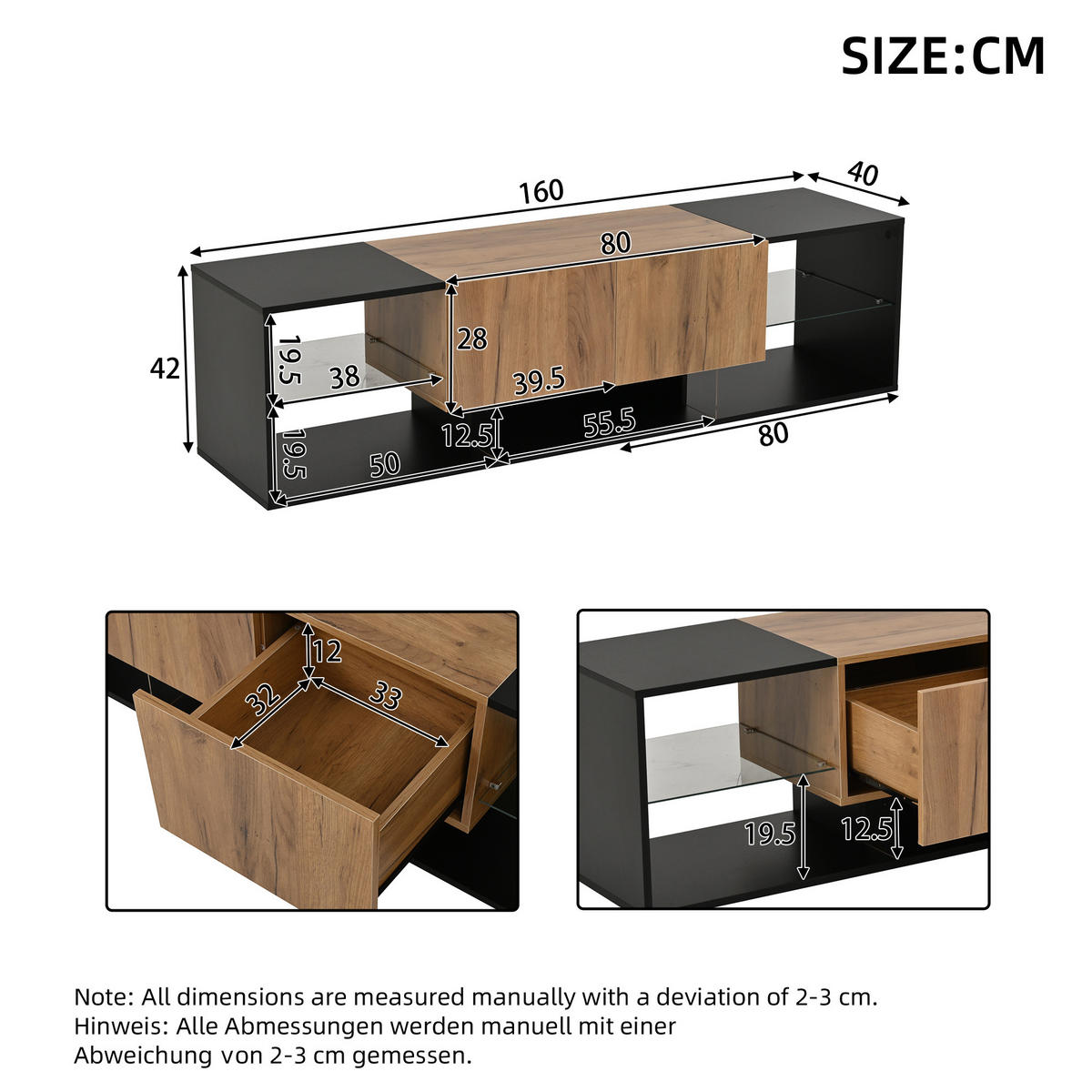 TV-LOWBOARD 160/40/42 cm Schwarz/Natur aus Spanplatte mit LED - Schwarz, Holzwerkstoff (40/42/160cm) - OKWISH