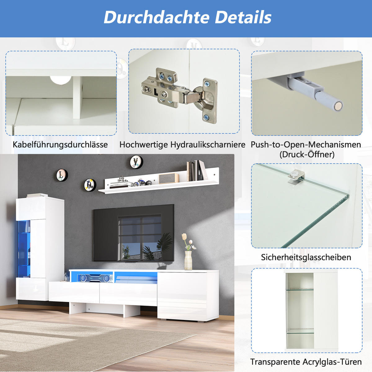 WOHNWAND 3-teilig LED Hochglanz Weiß TV Schrank - Weiß, Glas (170/45/35cm) - FLIEKS