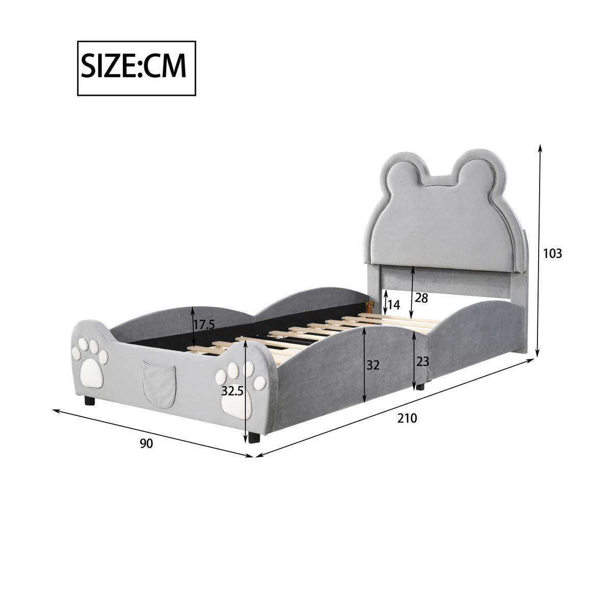 POLSTERBETT 90/200 cm Bärenform grau aus Samt - Grau, Textil (90/200cm) - OKWISH