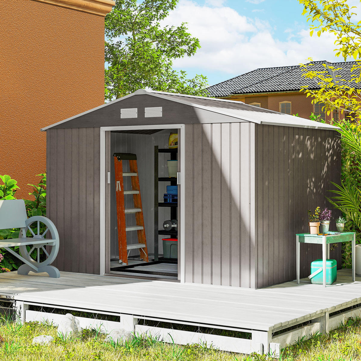 GERÄTEHAUS mit Pultdach, 4,9 m² - Braun, Metall (195/192/277cm) - Outsunny