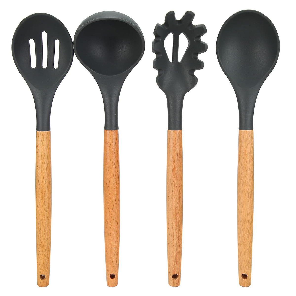 KÜCHENHELFER-SET, 12-teilig, Silikon, Buchenholz, hitzebeständig, BPA-frei, mit Behälter - Schwarz, Metall - PARAFTA HOME