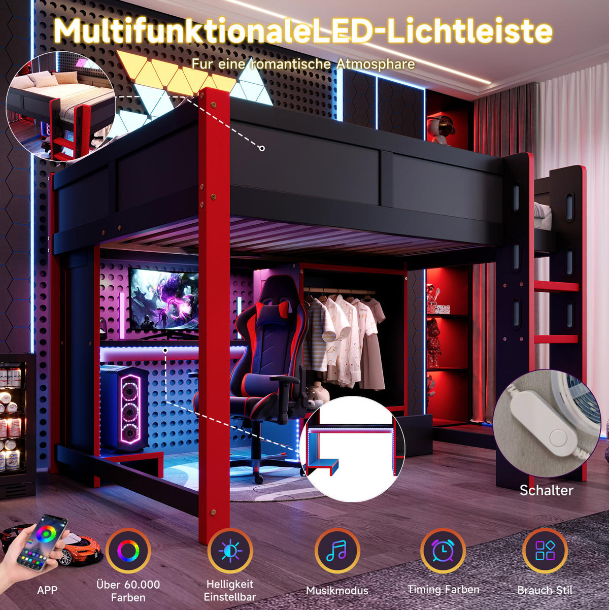 HOCHBETT 140/200 cm mit LED-Beleuchtung, Schreibtisch und Kleiderschrank - Schwarz, Holz (140/200cm) - Flora Grace