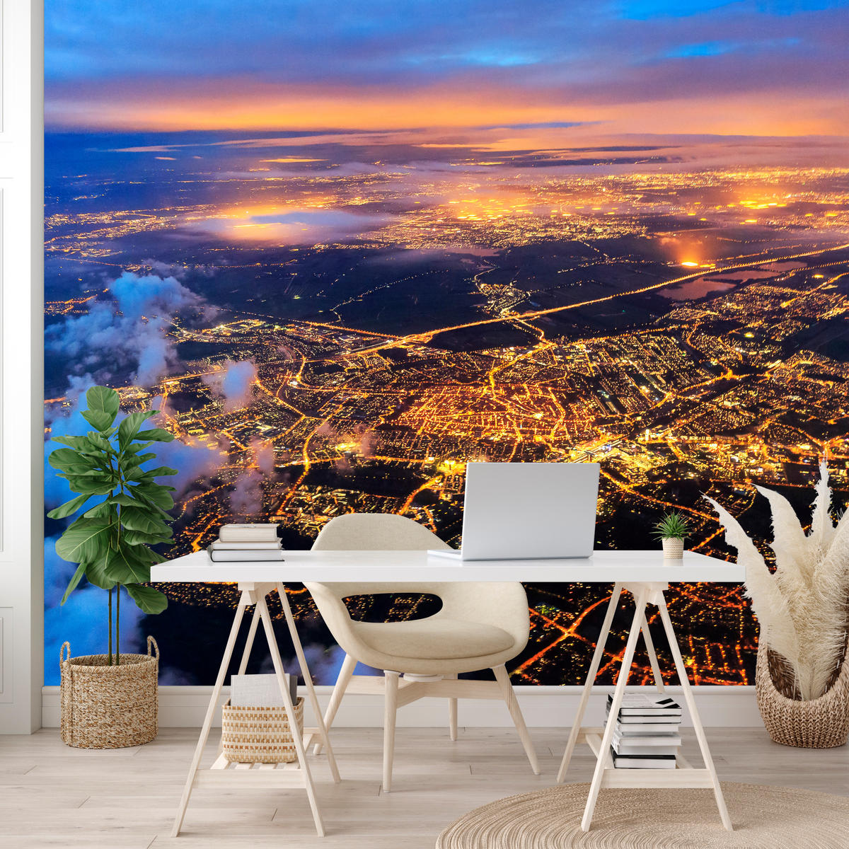 FOTOTAPETE für Wohnzimmer Vogelperspektive Beleuchtete Stadt Skyline 300x210 - Gelb/Orange, Papier (300/210cm) - Muralo