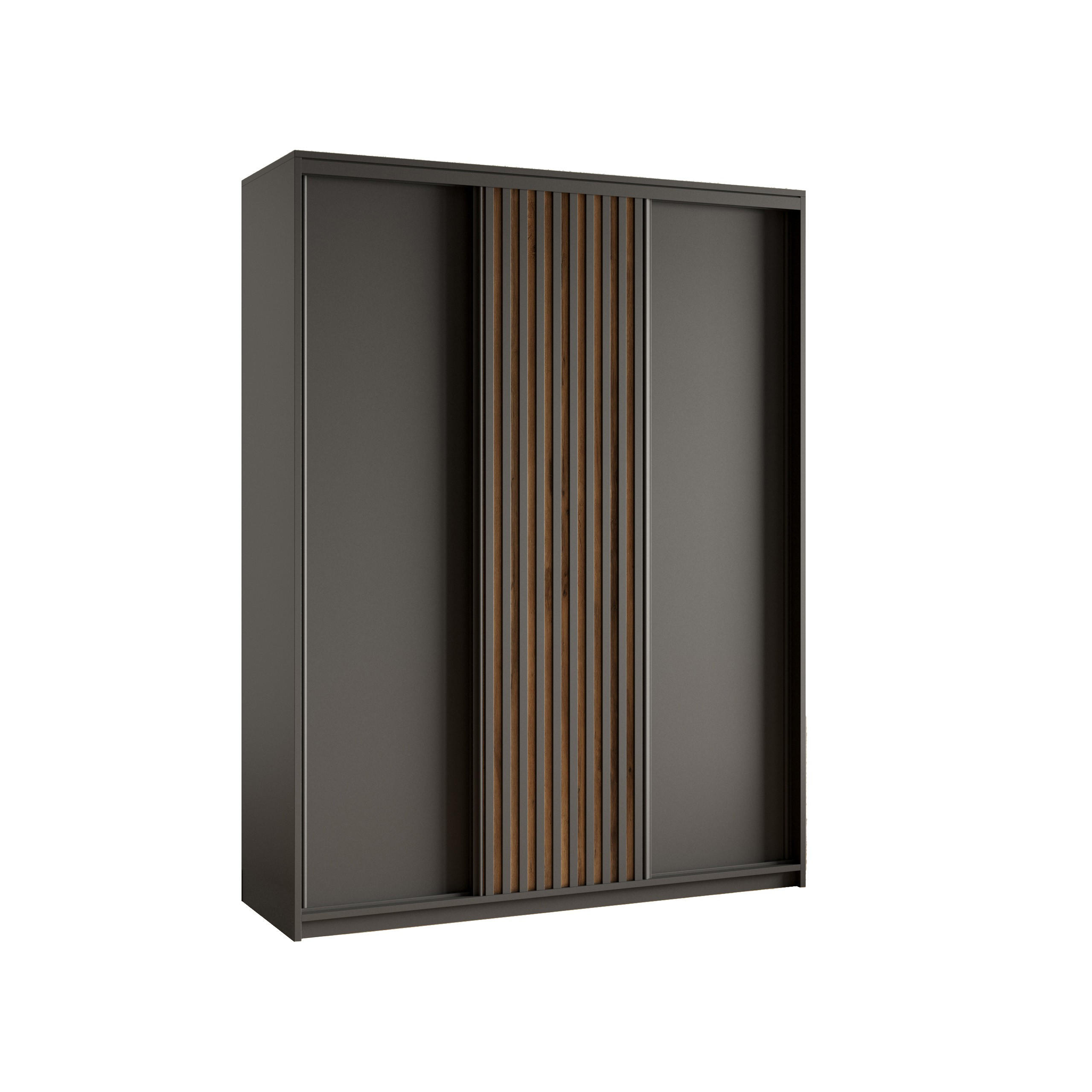 SCHWEBETÜRENSCHRANK VONTE 150/205/60 cm 3-türig mit Lamellen Schwarz - Eiche Wotan/Schwarz, Holzwerkstoff (150/205/60cm) - MASSENO