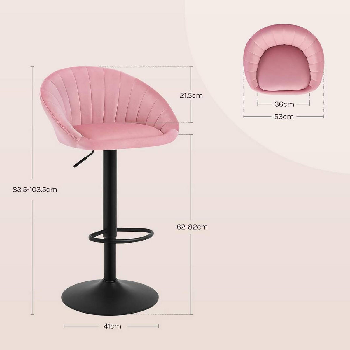 BARHOCKER 4er Set mit Rückenlehne, Samt, Rosa - Schwarz/Rosa, Textil/Metall (53/83/45cm) - Woltu