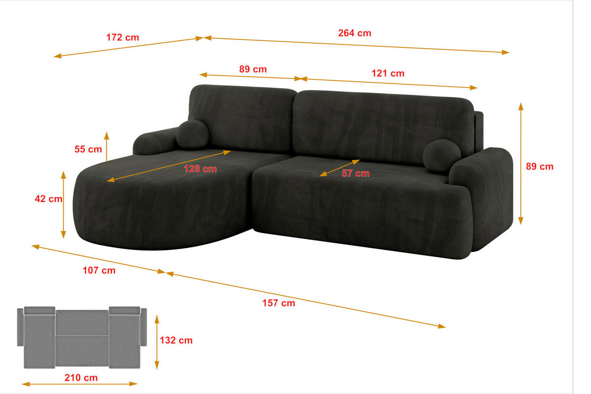 ECKSOFA mit Schlaffunktion und Bettkasten LIRA-L - 264x172x89 Schwarz - Schwarz, Holzwerkstoff/Textil (264/172cm) - ALTDECOR