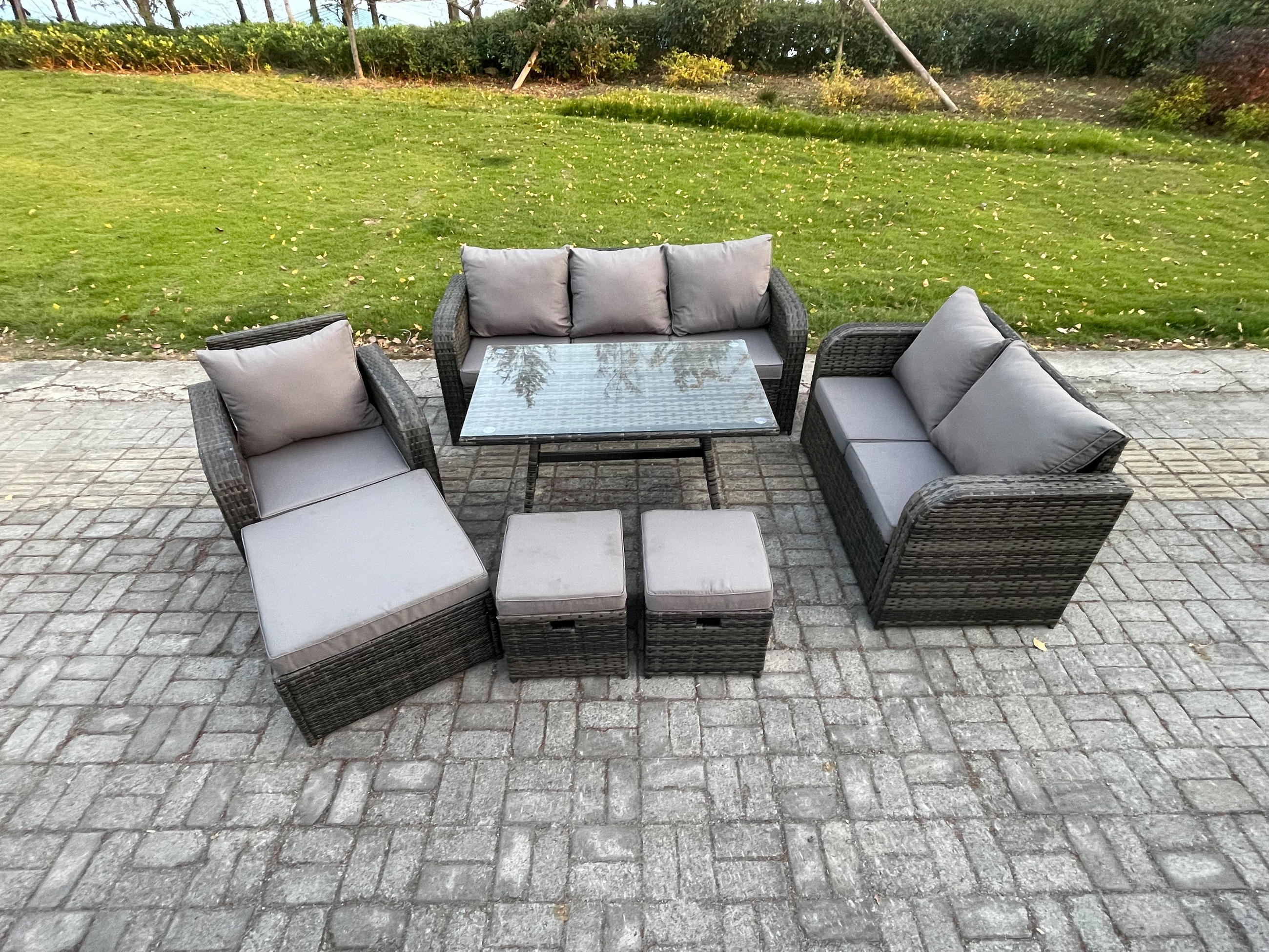 GARTENMÖBEL SET Polyrattan Dunkelgrau 9-Sitzer - Dunkelgrau/Grau, Glas/Kunststoff - Fimous