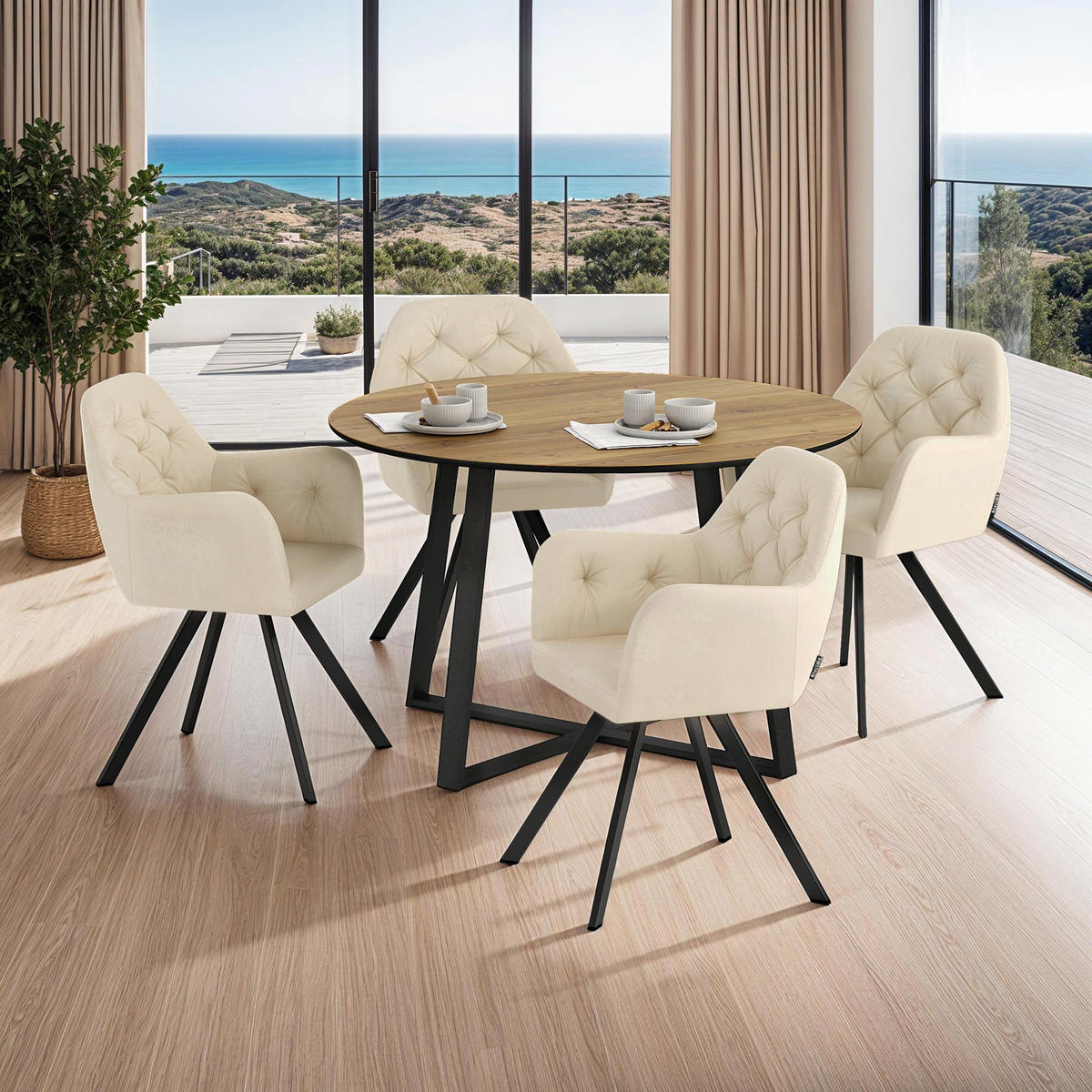 ARMLEHNSTUHL Samt Drehbarer 4er Set Lucia 58 x 58 x 87 cm creme - Creme, Kunststoff (58/87/58cm) - tectake