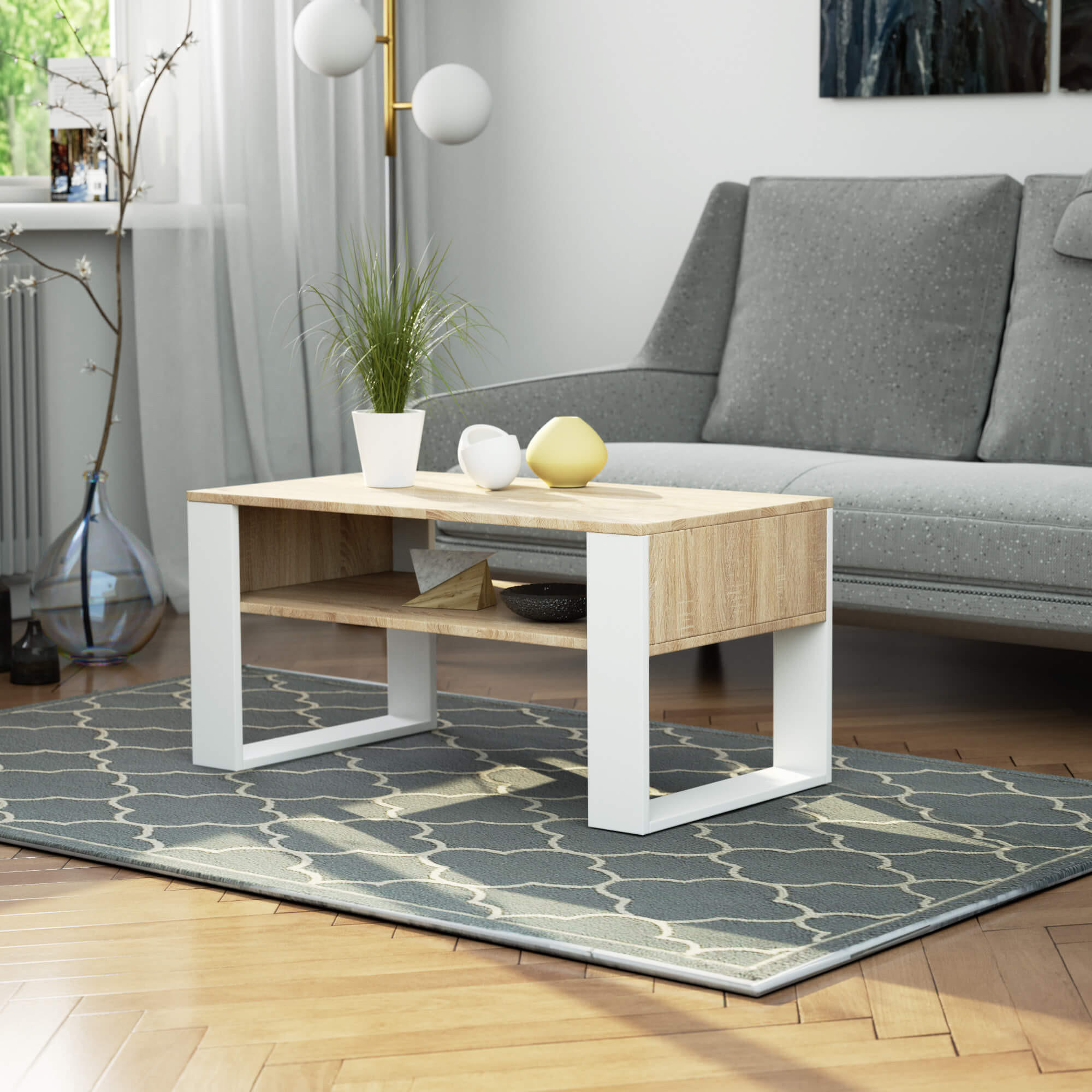COUCHTISCH Rechteckig Sonoma Eiche - Weiß 92/45/50 cm - Weiß/Sonoma Eiche, Holzwerkstoff (50/92/45cm) - designimpex