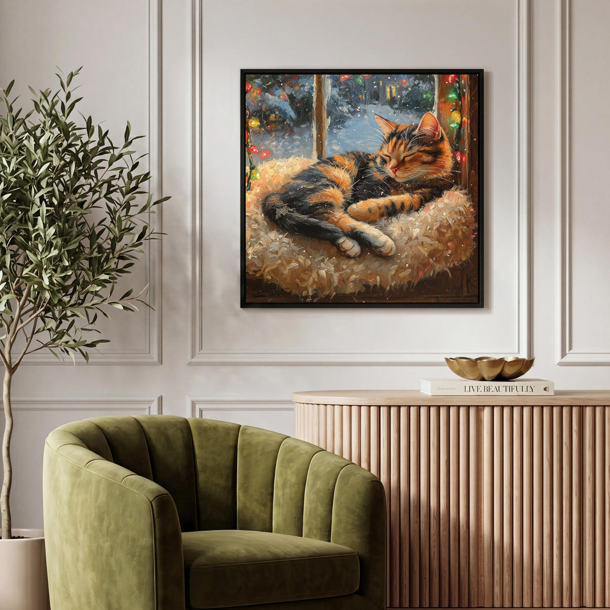 LEINWAND Bilder mit Rahmen - Katze - Weihnachten - Winter - Tier - 50x50 - Bernsteinfarben, Textil (50/50cm) - MuchoWow