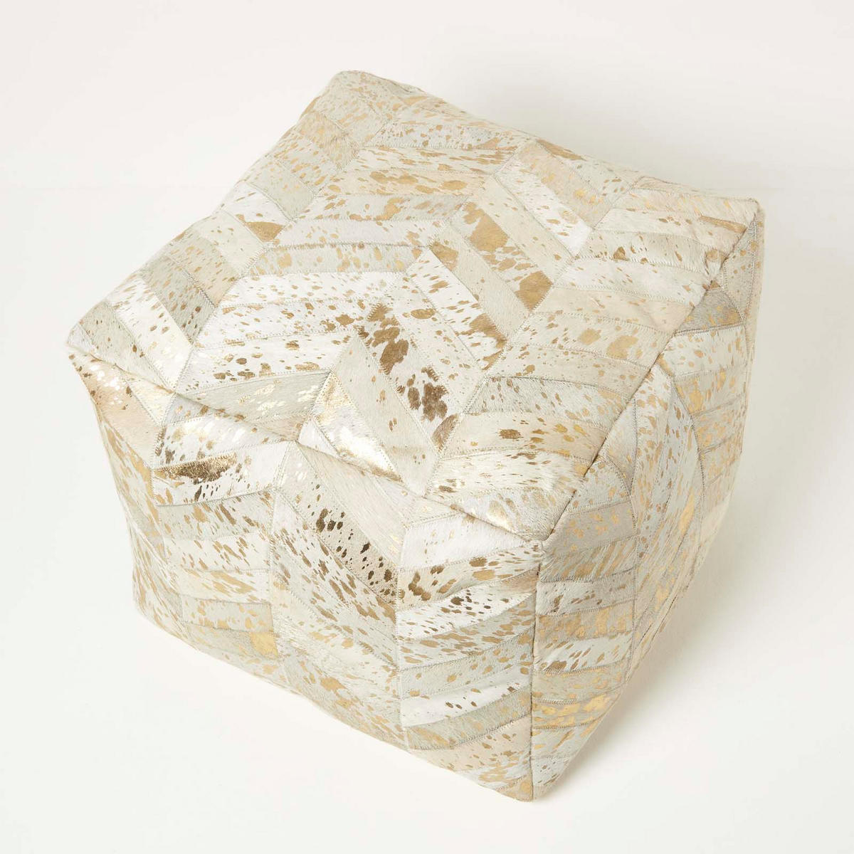 PATCHWORK-SITZPOUF Fell creme-gold, 50/50/40 cm - Grau, Leder (50/40/50cm) - Homescapes