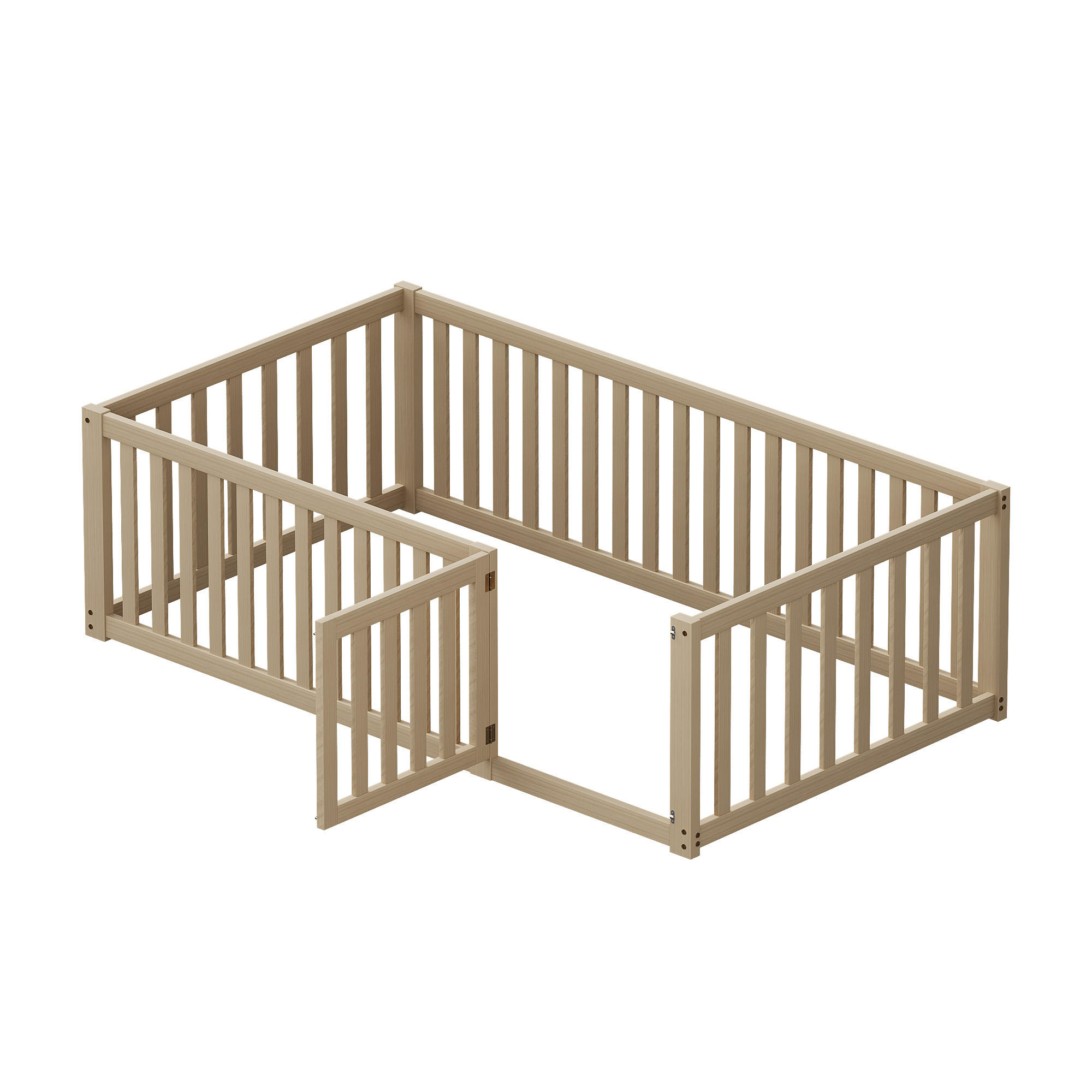 BODENBETT 90/200 cm DE-02374, in Holzfarbe, mit Zaun und Tür - Naturfarben, Holz/Holzwerkstoff (90/200cm) - ComfortXL