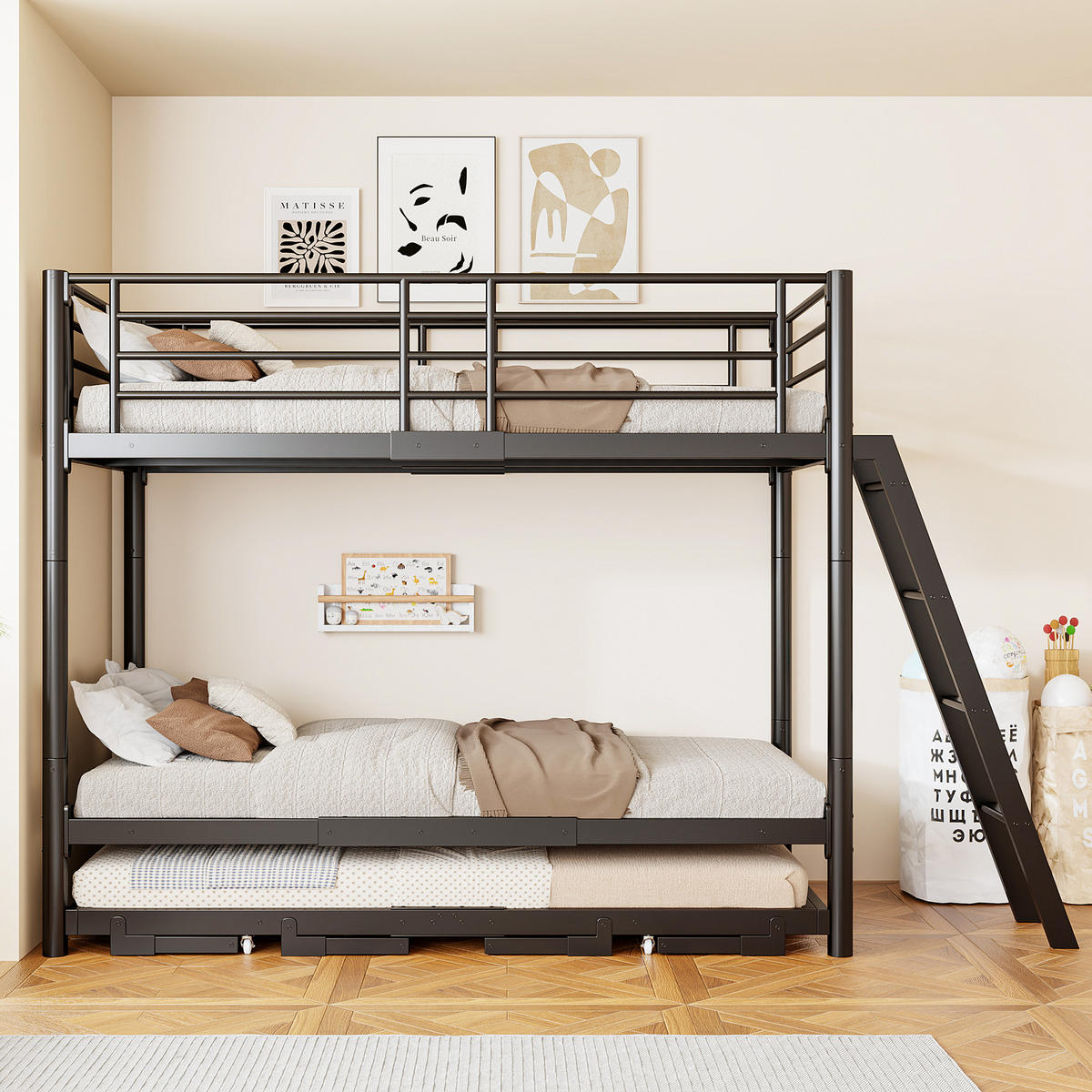 ETAGENBETT 90/200 cm mit Ausziehbett, DE-41598, in Schwarz - Schwarz, Metall (90/200cm) - ComfortXL