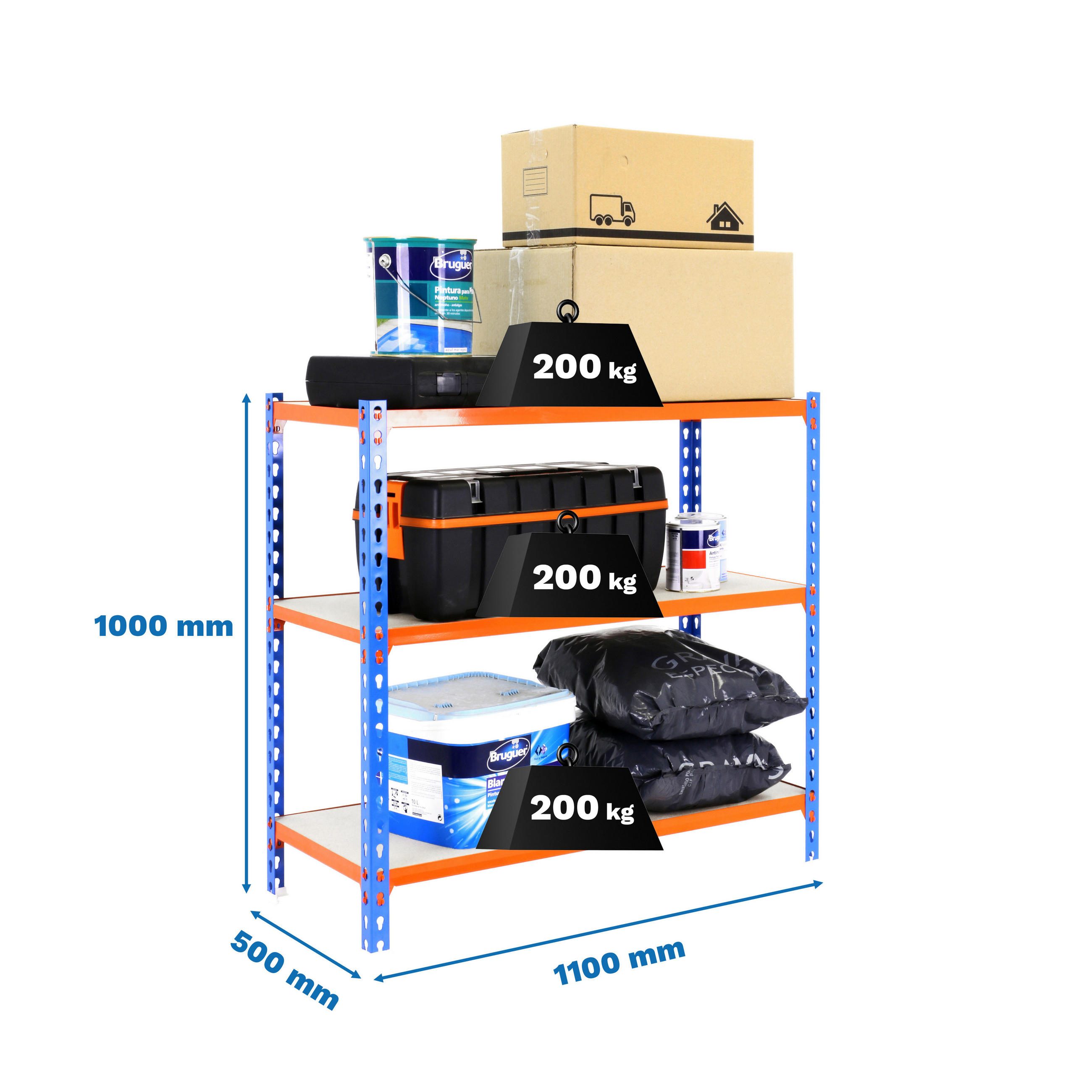 SCHWERLASTREGAL Small Muli HxBxT 100 x 110 x 50 cm 3 Fachböden Fachlast 200 kg Blau-Orange - Gelb, Metall (110/100/50cm) - PROREGAL