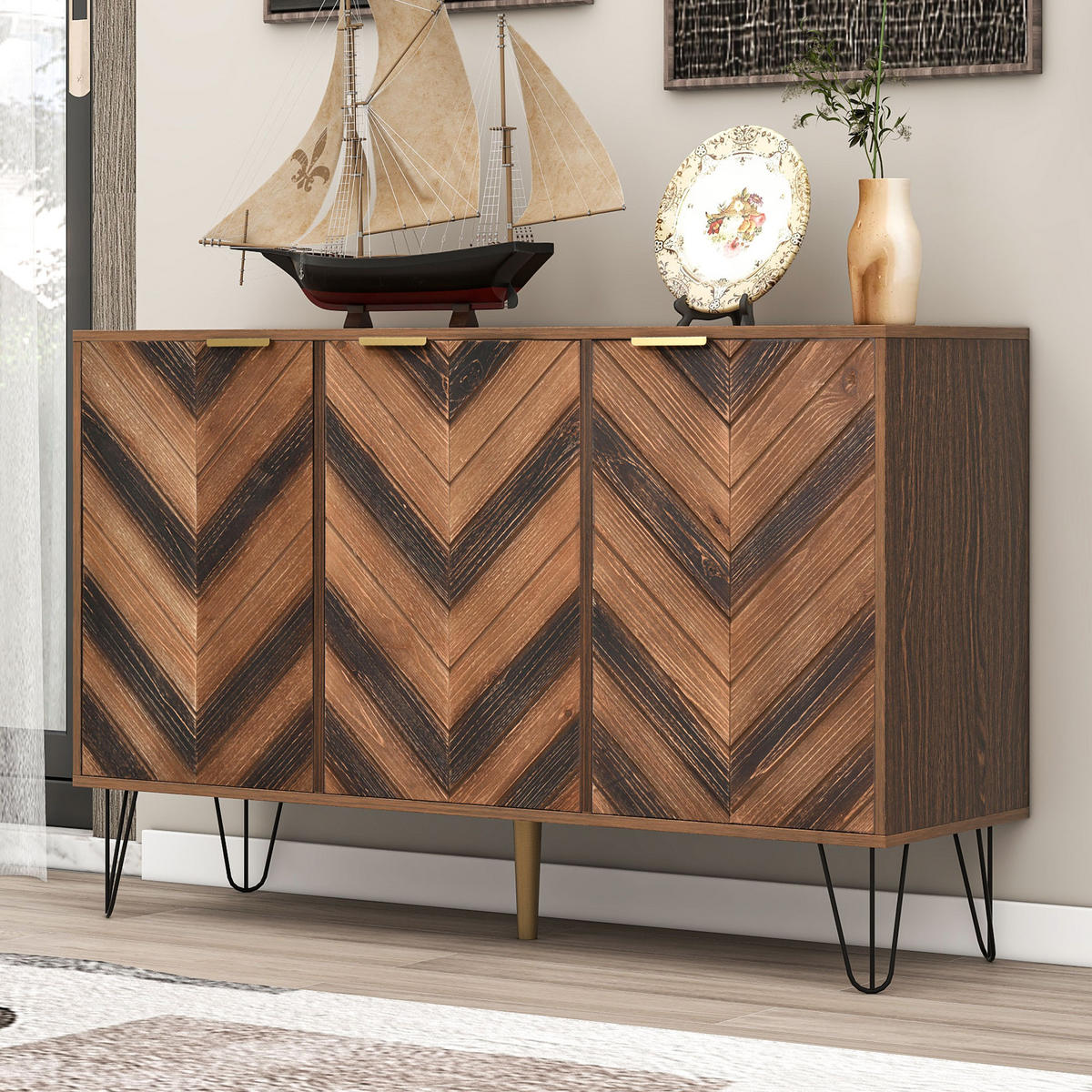 SIDEBOARD mit 3 Türen, Holzoptik mit goldenen Griffen und schwarzen Eisenfüßen, 120/38/76,5 cm,Naturfarben - Naturfarben, Holzwerkstoff (120/38/76.5cm) - Redom