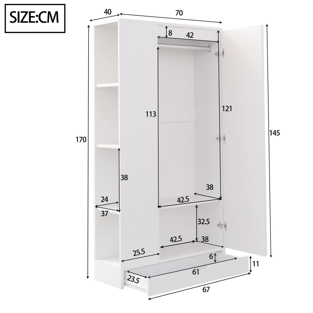 ORMAR od drva 70x40x170 cm bijela s vratima i policama za urednu pohranu - bijela, drvni materijal (70/170/40cm) - Modfu