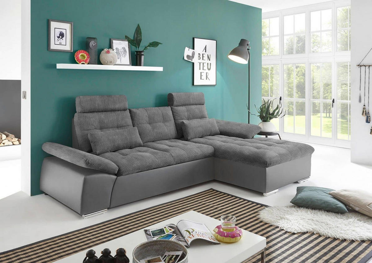 ECKSOFA mit Schlaffunktion und verstellbaren Armlehnen - Chromfarben/Grau, Kunststoff/Textil (170/268cm) - ed exciting design