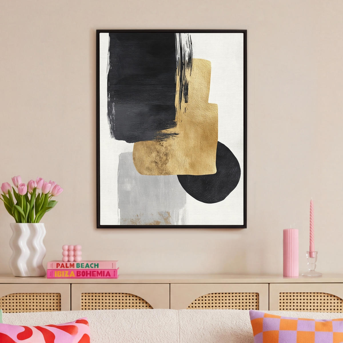 LEINWAND Bilder mit Rahmen - Gold - Rechtecke - Kreise - Abstrakt - 70x100 - Weiß, Textil (70/100cm) - MuchoWow