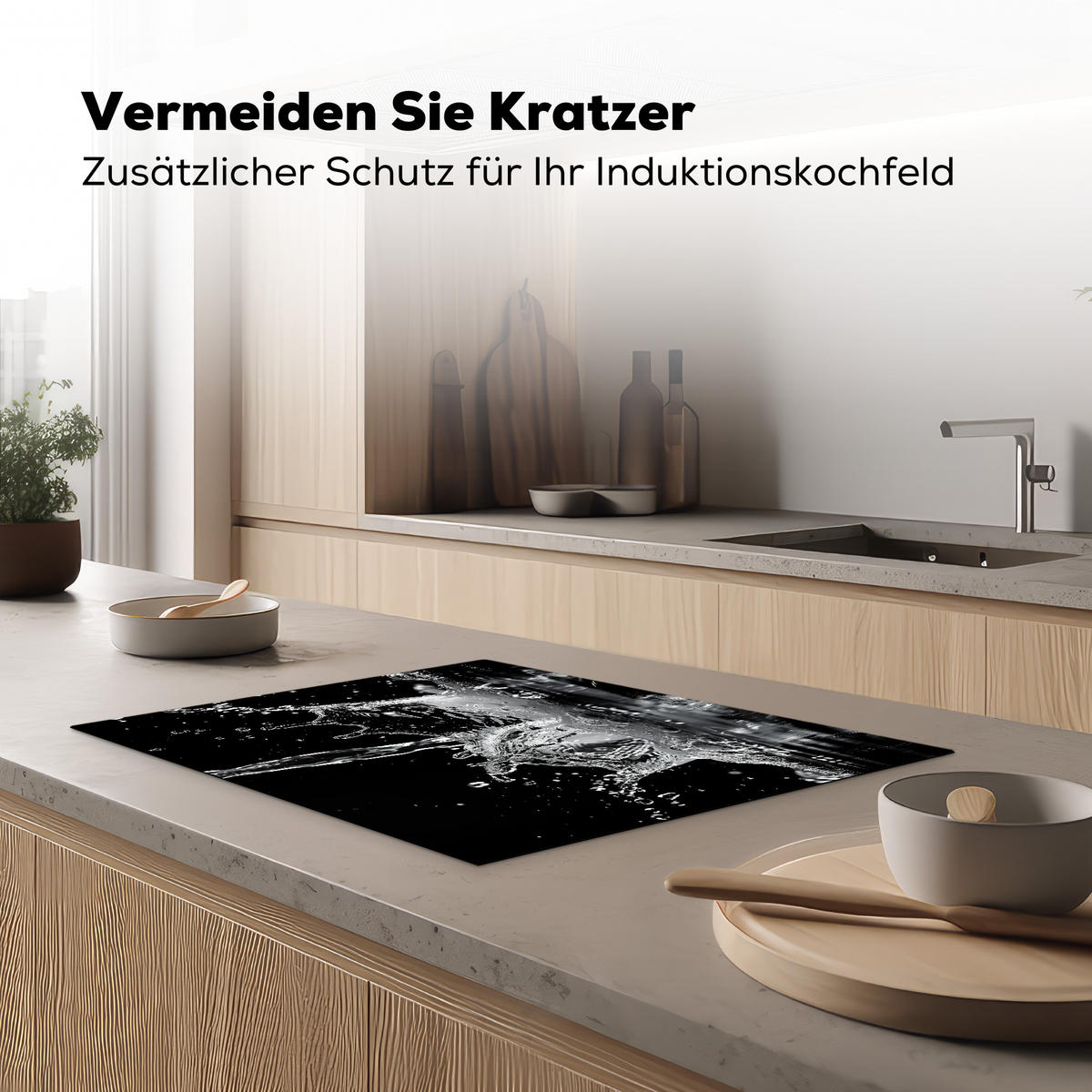 HERDABDECKPLATTE Wasser - Spritzwasser - Schwarz Herdabdeckung Induktionsfeld 70x52 cm - Schwarz, Kunststoff (70/52/0.2cm) - MuchoWow