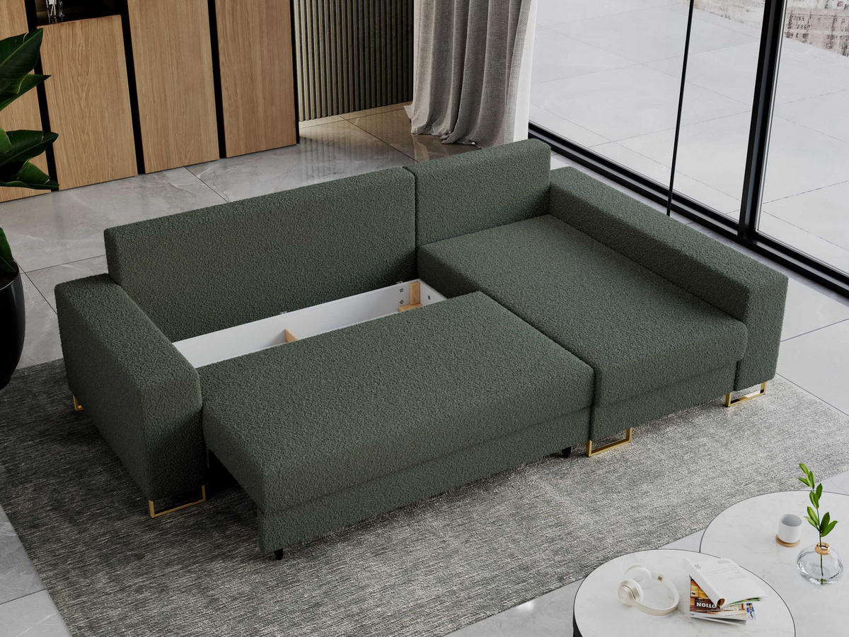 ECKSOFA Dorian Boucle Grün - Goldfarben/Grün, Textil/Metall (242/138cm) - MKS