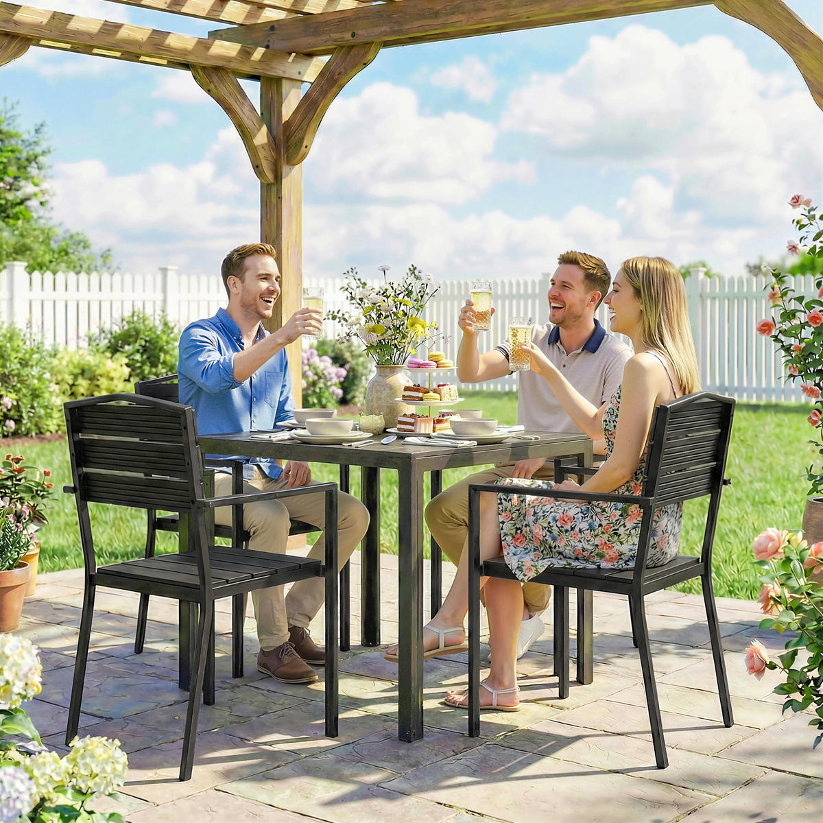 GARTENSTÜHLE 4er Set Stapelbare Terrassenstühle mit Lamelldesign Armlehnen 52 x 51 x 90 cm Schwarz - Schwarz, Metall (52/90/51cm)