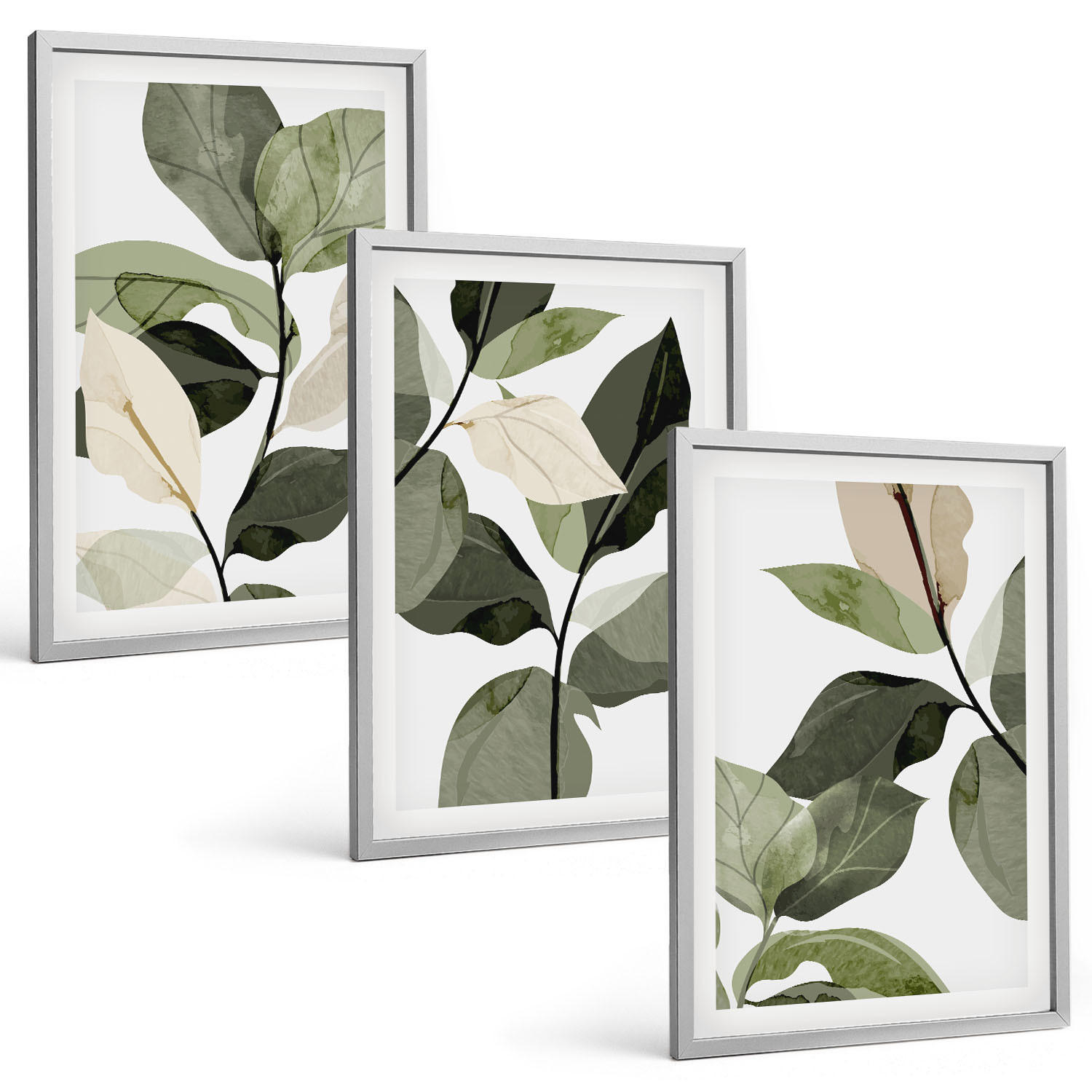 BILDER SET 3er Set - 40x60 cm Silberner Rahmen - Bemalte Boho-Pflanzenblätter - Silberfarben, Kunststoff (40/60cm) - TULUP