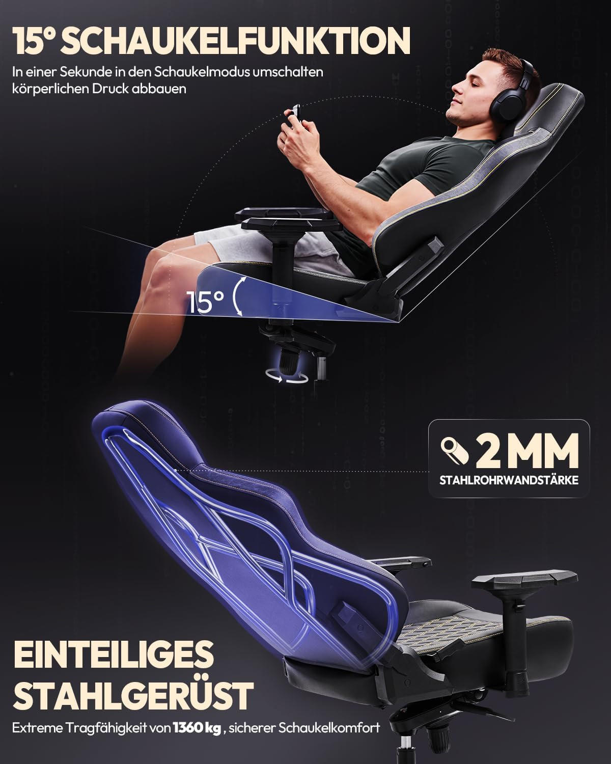 GAMING-STUHL & 4D Armlehnen, Höhenverstellbarer für Gamer/Esport - Schwarz, Leder (70/133/70cm)