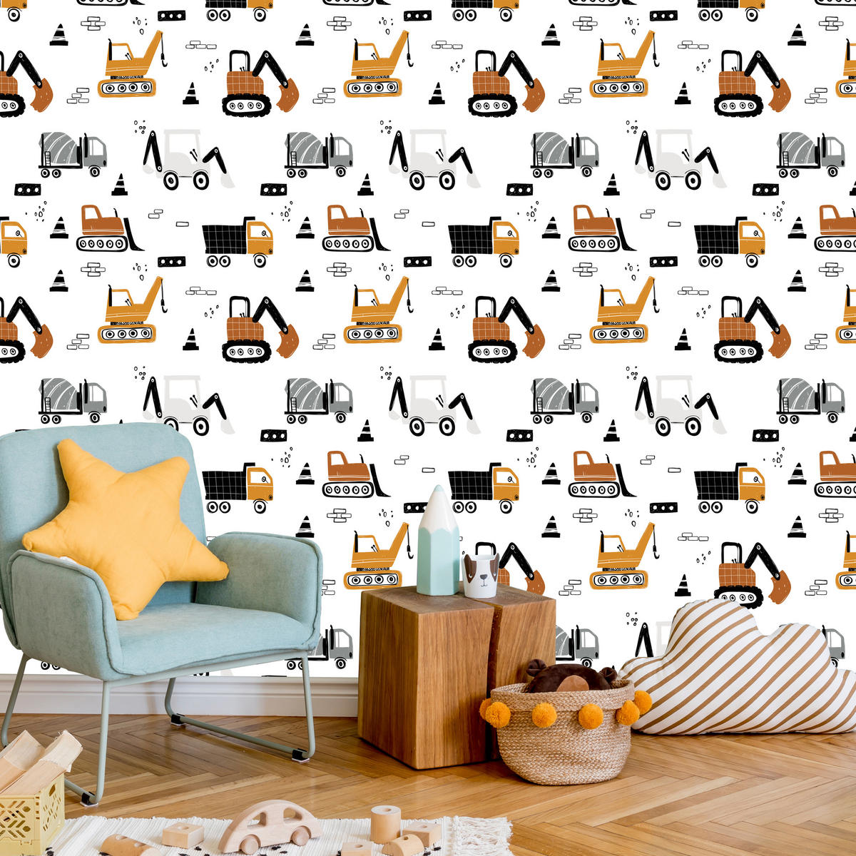 VLIESTAPETE Kräne, Bagger und Baumaschinen – Orange, Schwarz, Weiß – 50x1000 cm - Schwarz/Orange, Papier (50/1000cm) - Muralo
